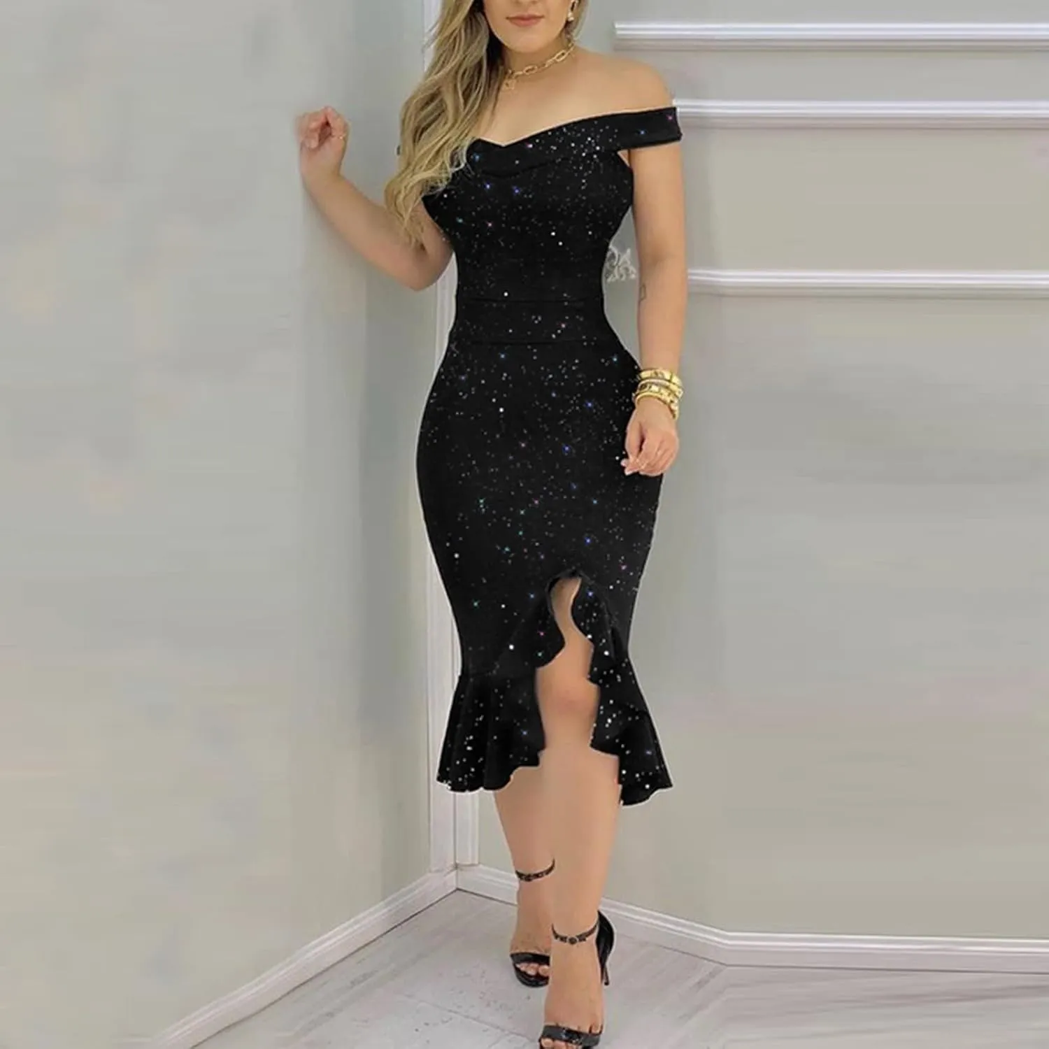 Cocktail Dresses for Women,2025 Elegant Bodycon One/Off Shoulder Wedding Guest Dress Ruched Slit Hem Party Dress