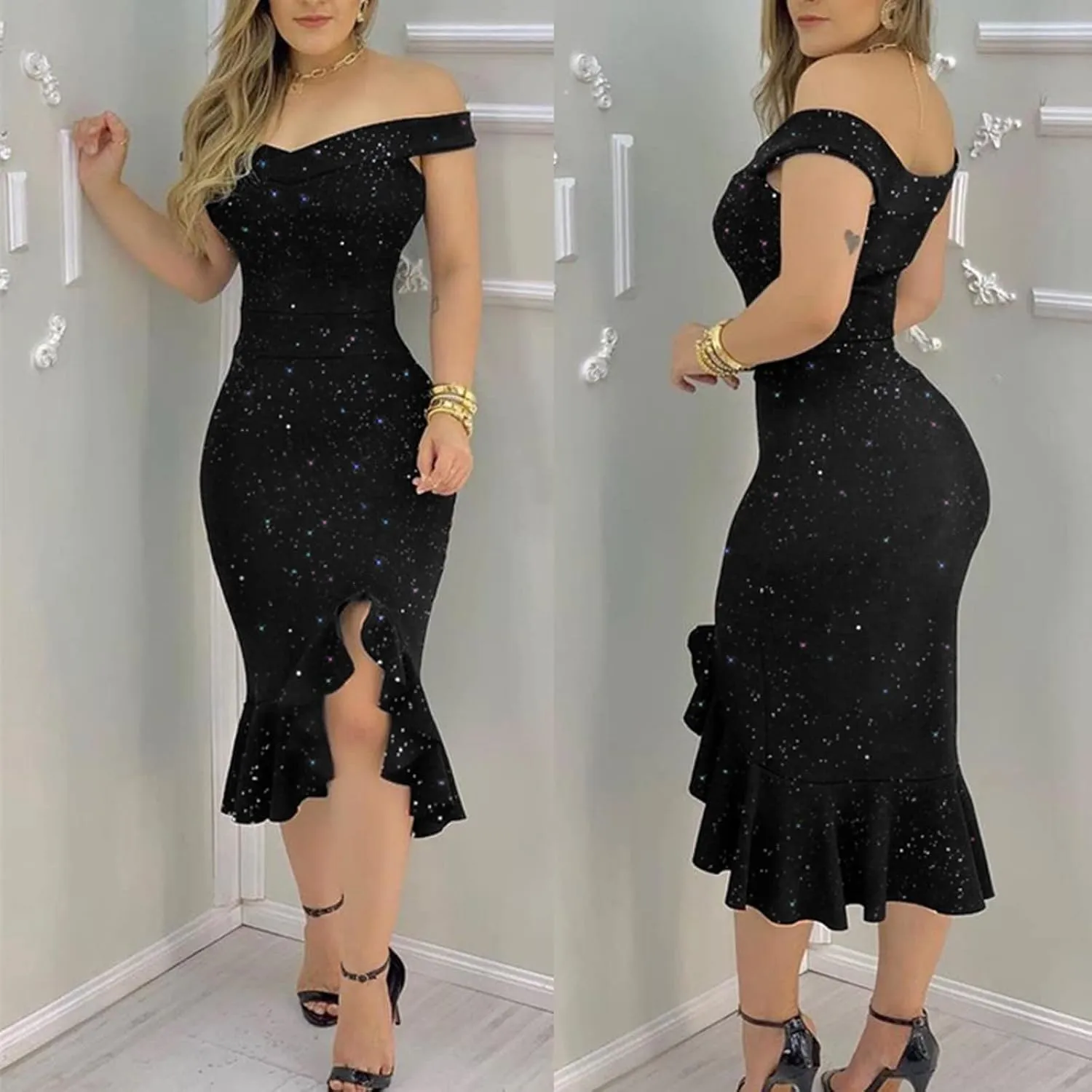 Cocktail Dresses for Women,2025 Elegant Bodycon One/Off Shoulder Wedding Guest Dress Ruched Slit Hem Party Dress