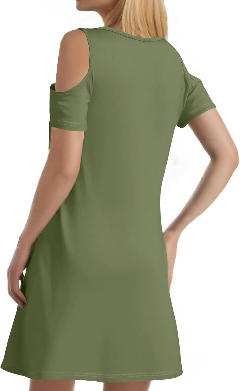 Cold Shoulder Dress for Women 2025 Summer Trendy Scoop Neck Short Sleeve O Ring Loose Fit Mini Sundress with Pockets
