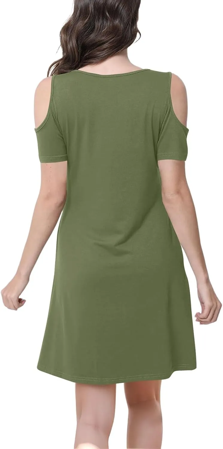 Cold Shoulder Dress for Women 2025 Summer Trendy Scoop Neck Short Sleeve O Ring Loose Fit Mini Sundress with Pockets