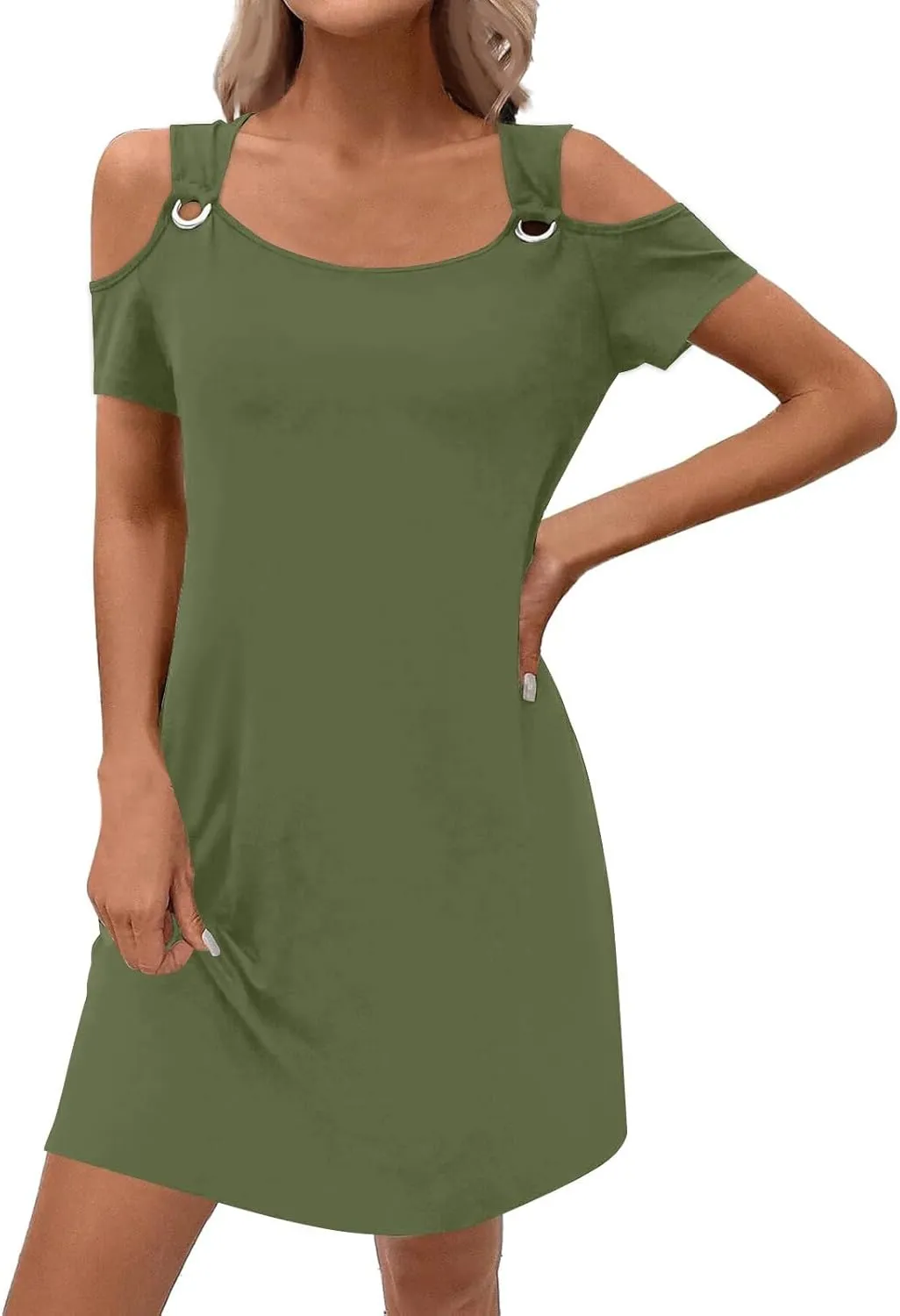 Cold Shoulder Dress for Women 2025 Summer Trendy Scoop Neck Short Sleeve O Ring Loose Fit Mini Sundress with Pockets