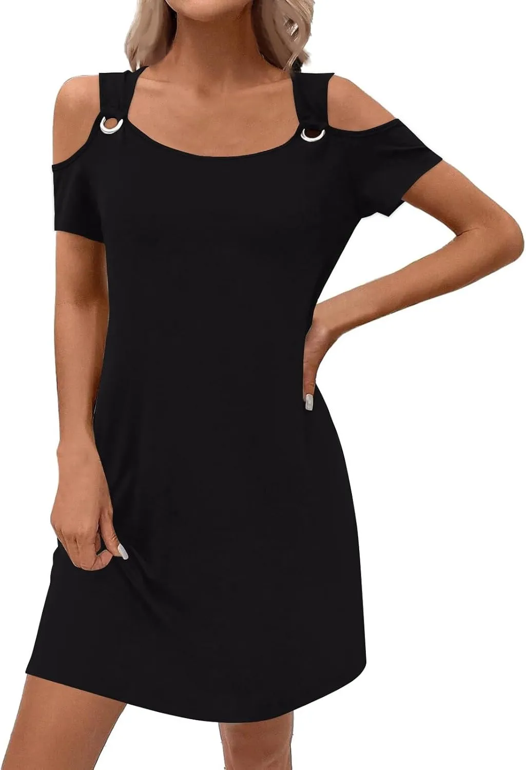 Cold Shoulder Dress for Women 2025 Summer Trendy Scoop Neck Short Sleeve O Ring Loose Fit Mini Sundress with Pockets