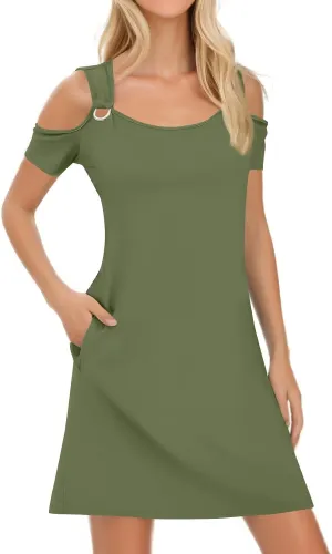 Cold Shoulder Dress for Women 2025 Summer Trendy Scoop Neck Short Sleeve O Ring Loose Fit Mini Sundress with Pockets