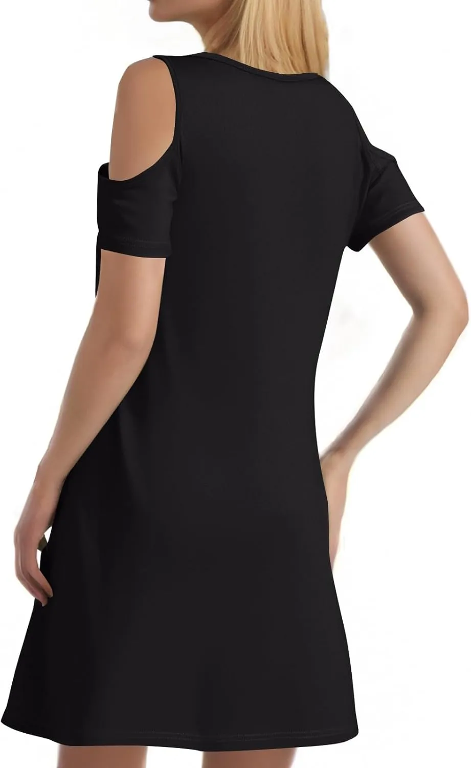 Cold Shoulder Dress for Women 2025 Summer Trendy Scoop Neck Short Sleeve O Ring Loose Fit Mini Sundress with Pockets