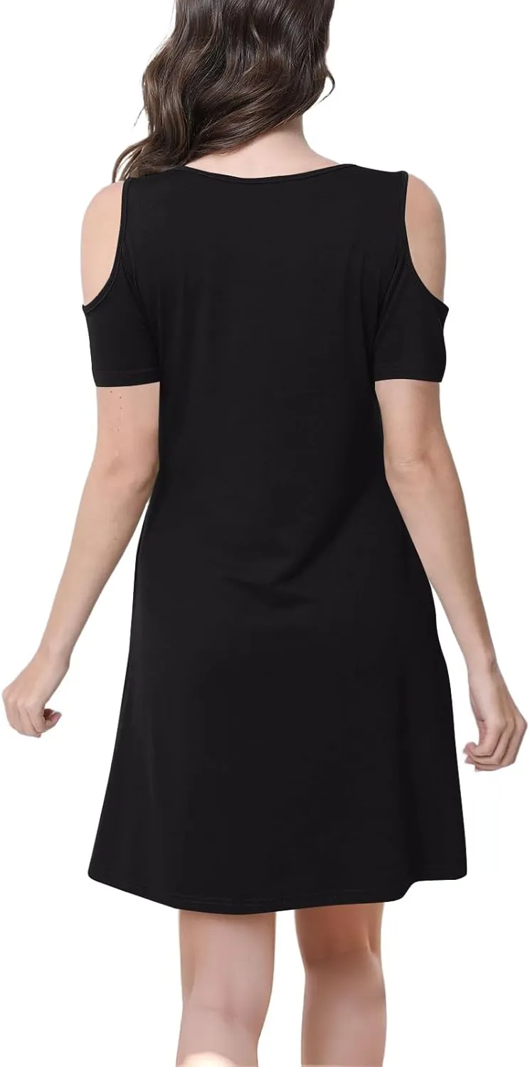 Cold Shoulder Dress for Women 2025 Summer Trendy Scoop Neck Short Sleeve O Ring Loose Fit Mini Sundress with Pockets