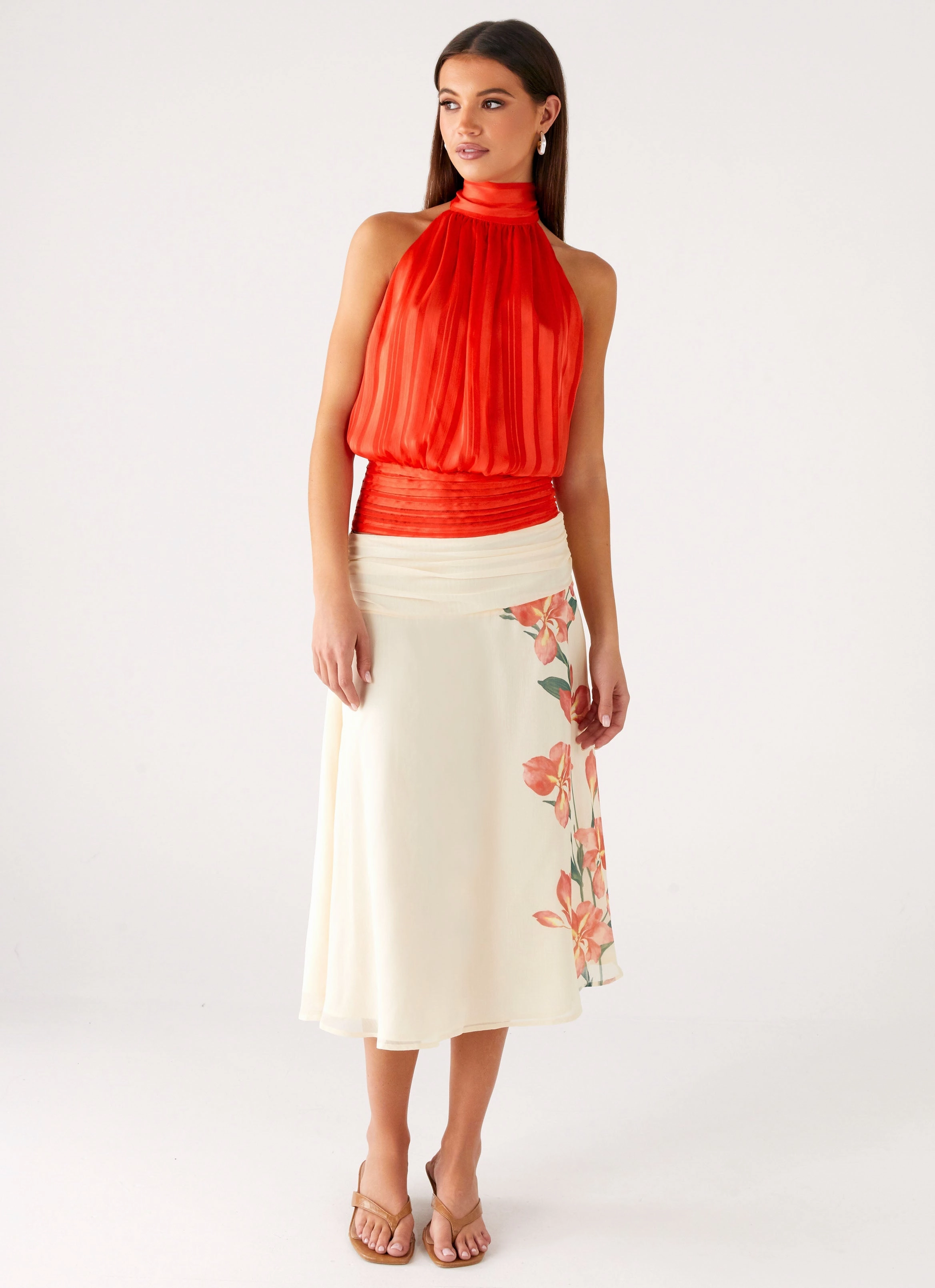 Summer Outfit Scalloped Edge Color Splash Willow Chiffon Top - Coral