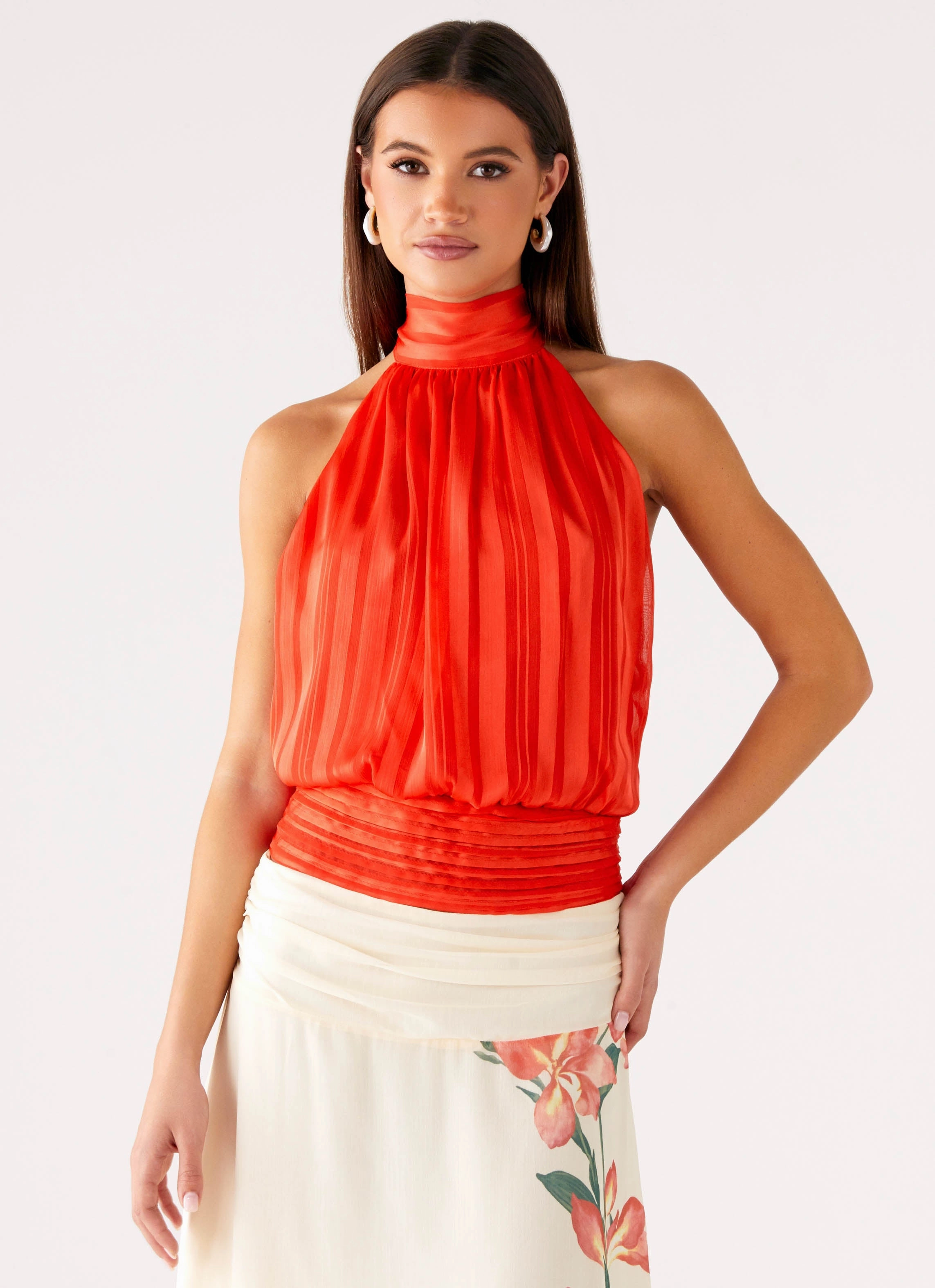 Low Rise Effortless Feel Color Splash Willow Chiffon Top - Coral