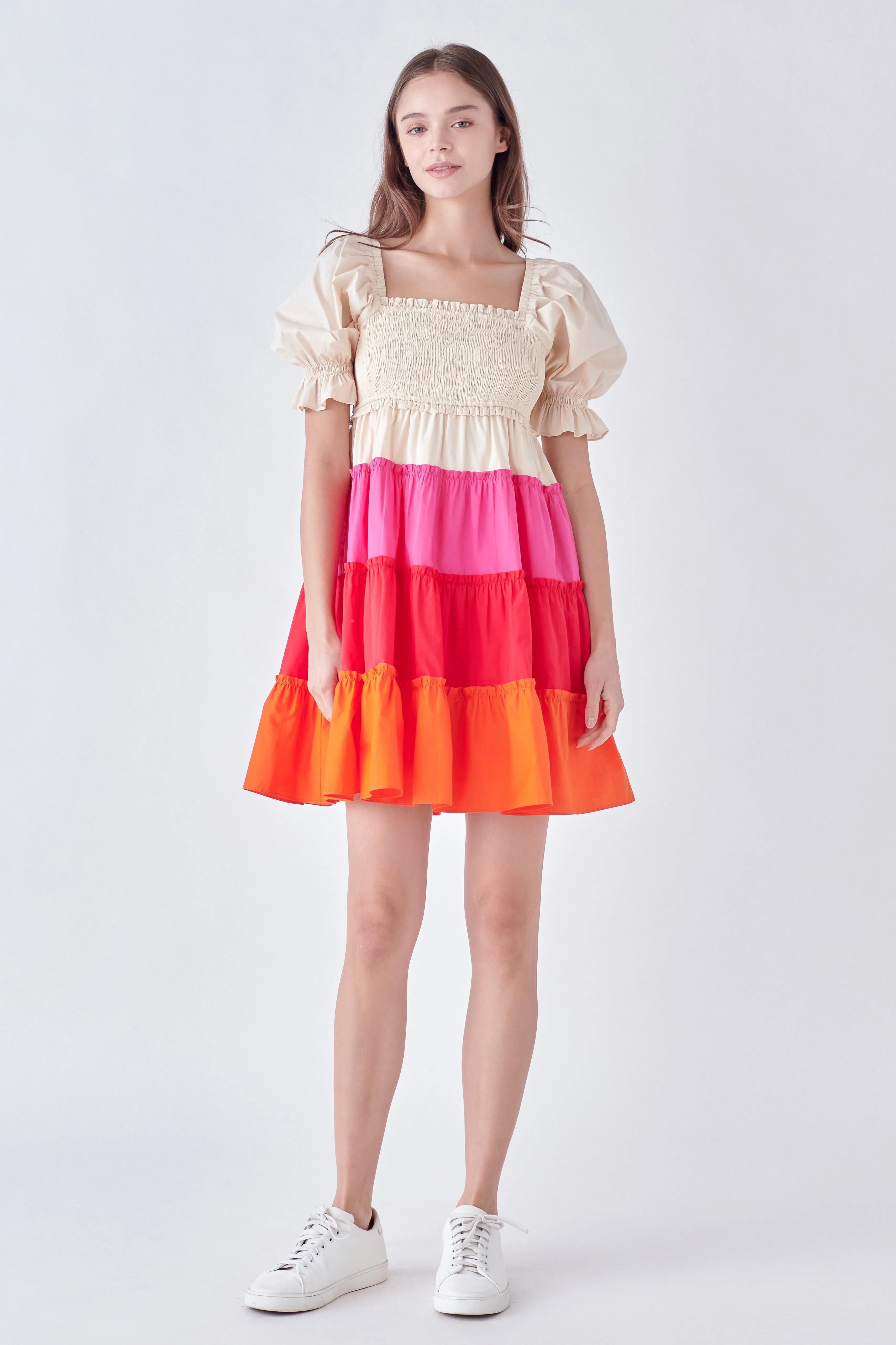 Colorblock Smocked Puff Sleeve Mini