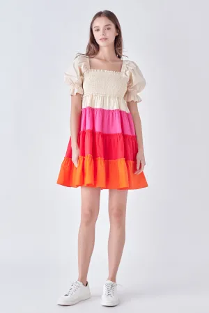 Colorblock Smocked Puff Sleeve Mini