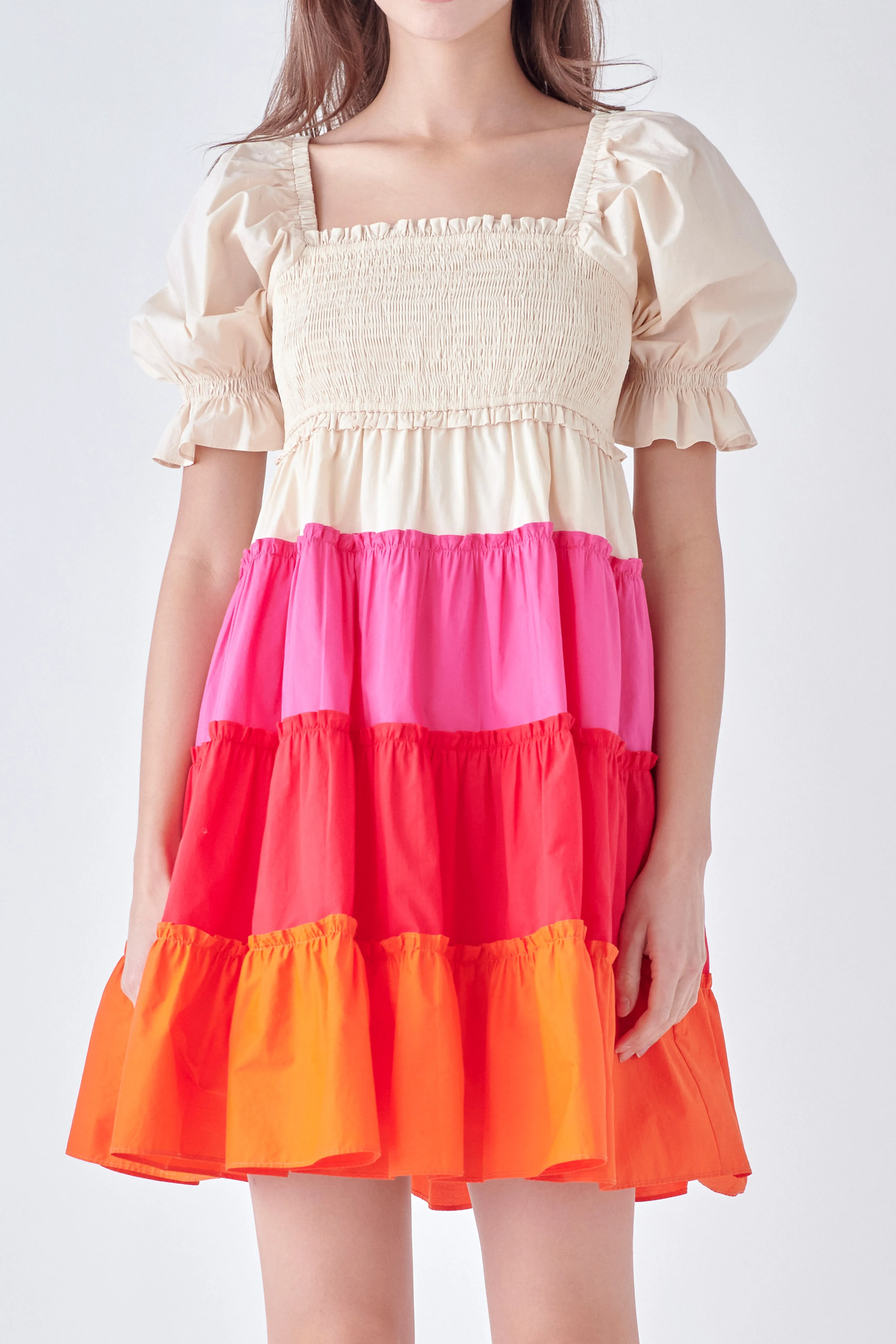 Colorblock Smocked Puff Sleeve Mini