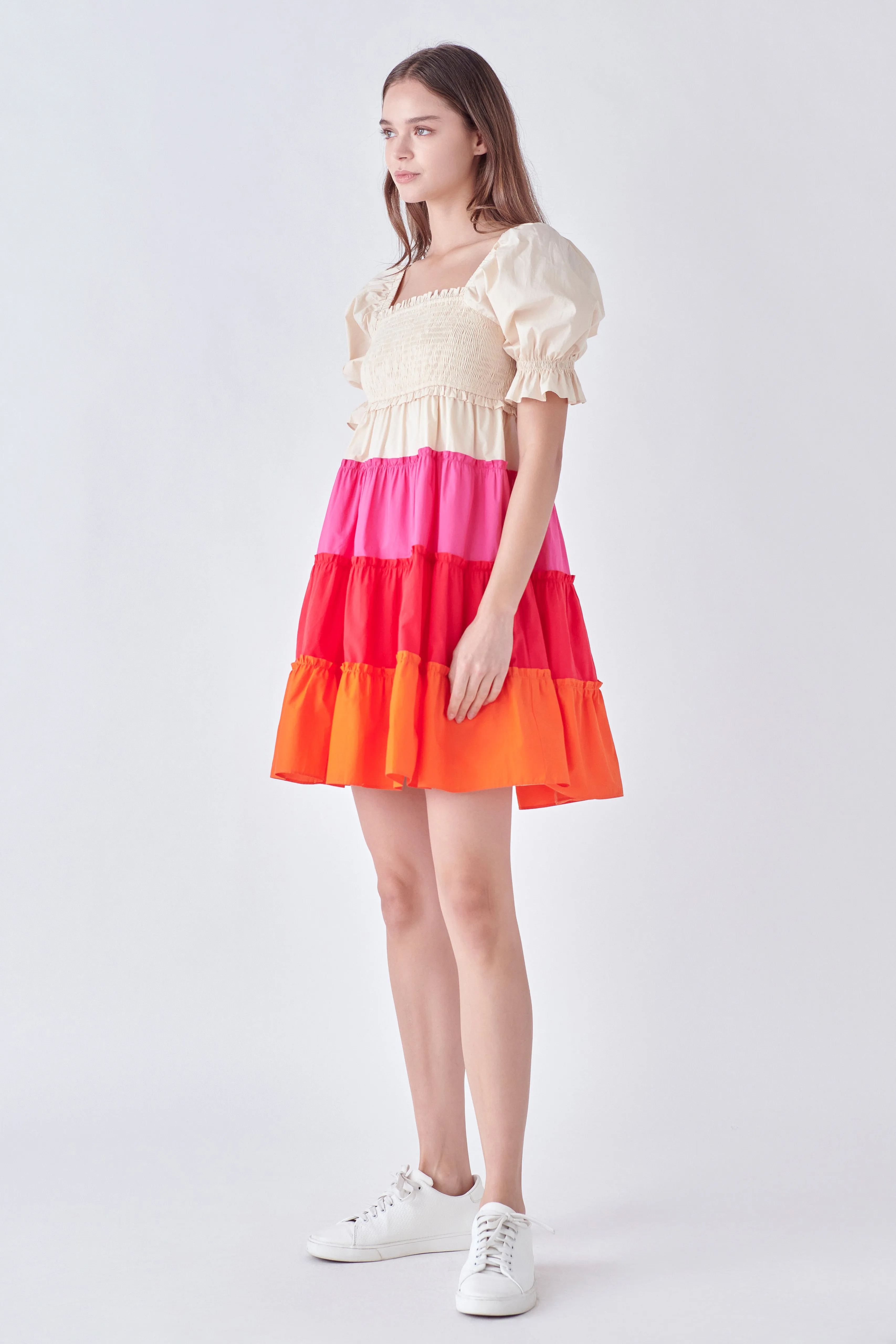 Colorblock Smocked Puff Sleeve Mini