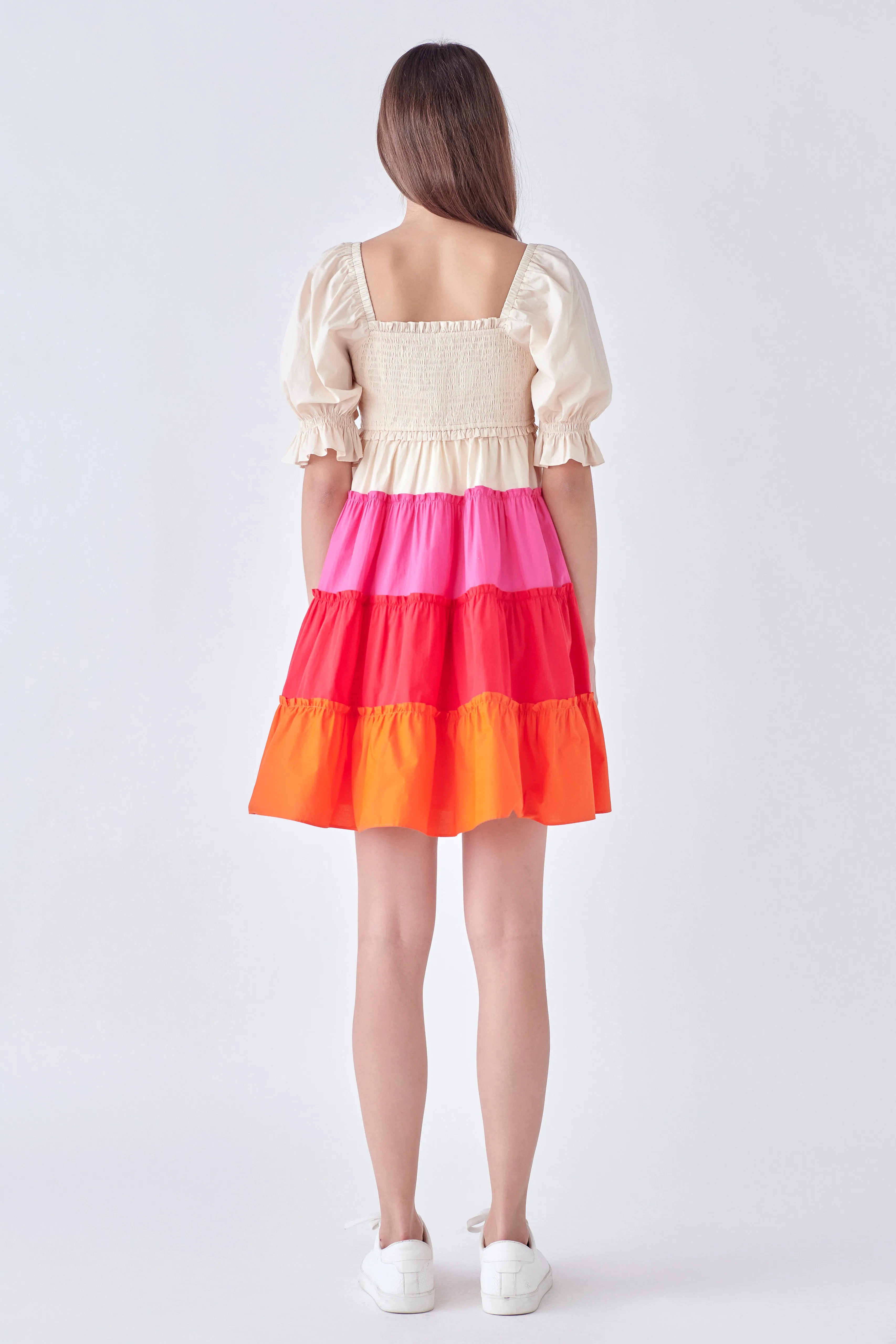 Colorblock Smocked Puff Sleeve Mini