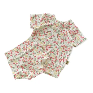 Colorful Dainty Flowers on White Ribbed Summer Lounge Set