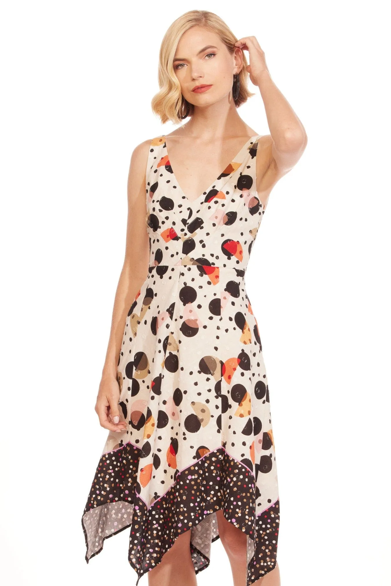 Florentia Sleeveless Midi Dress - Deco Dot V Neckline