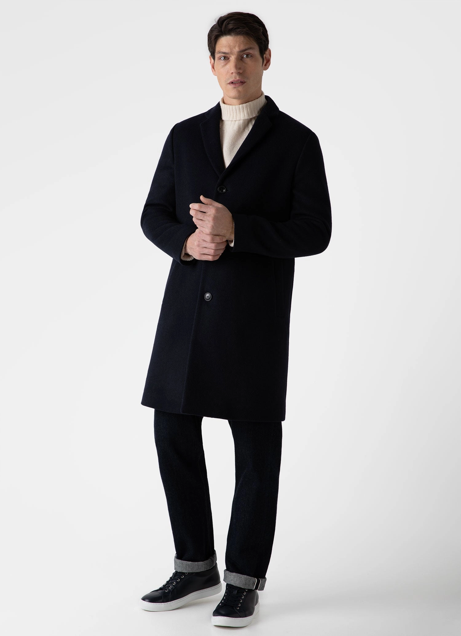 Men's Wool Cashmere Overcoat in Navy Quick Layering Silicone Grip Cuffs