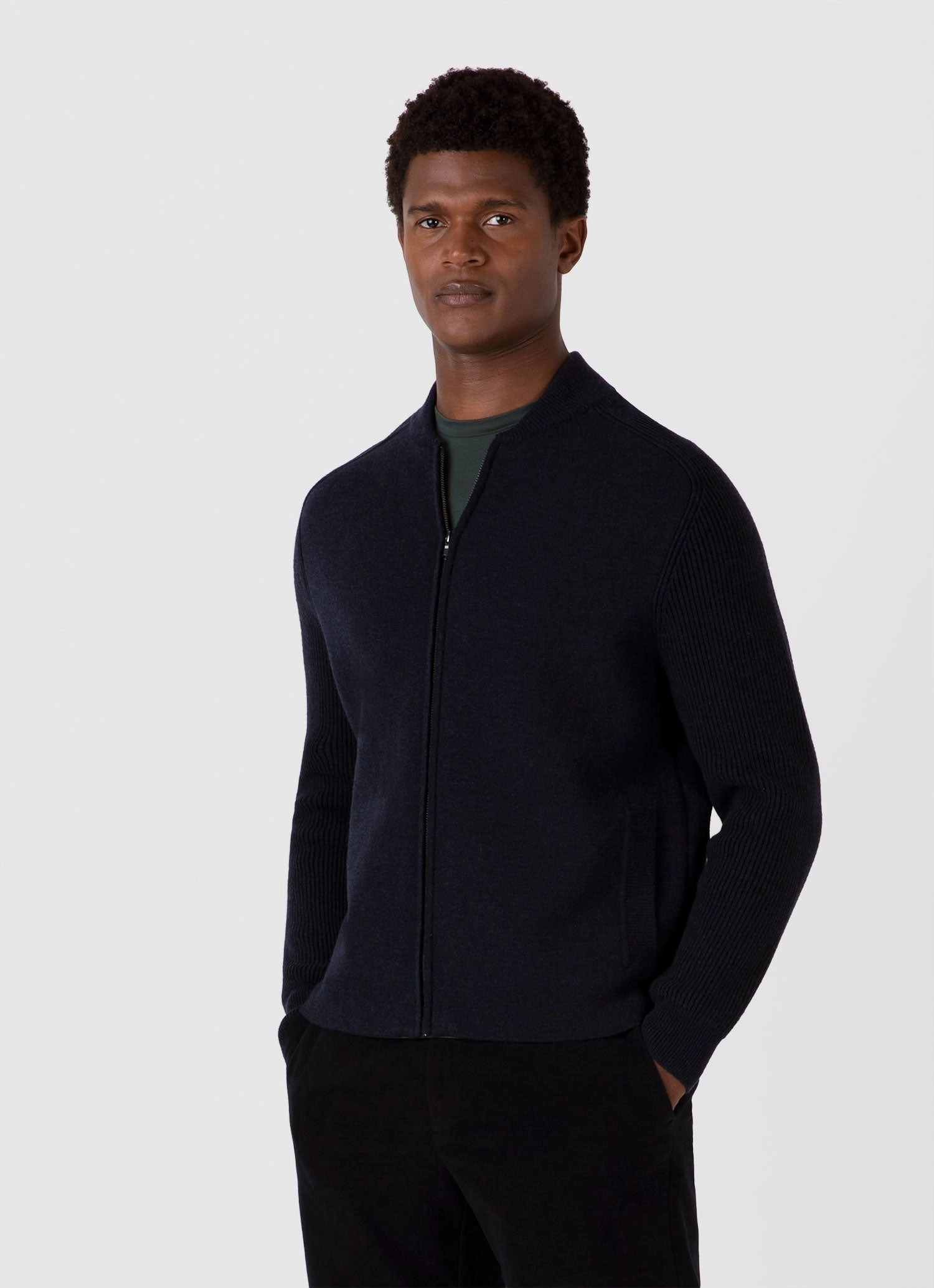 Men's Double Faced Bomber Jacket in Navy Rollaway Collar Feature YKK Zipper Quality