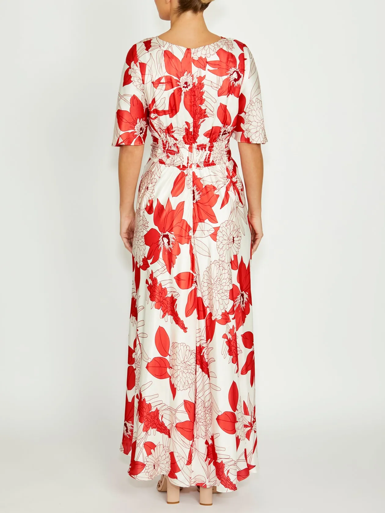 Elena Vermilion Floral Gown Fall Ready flattering appearance