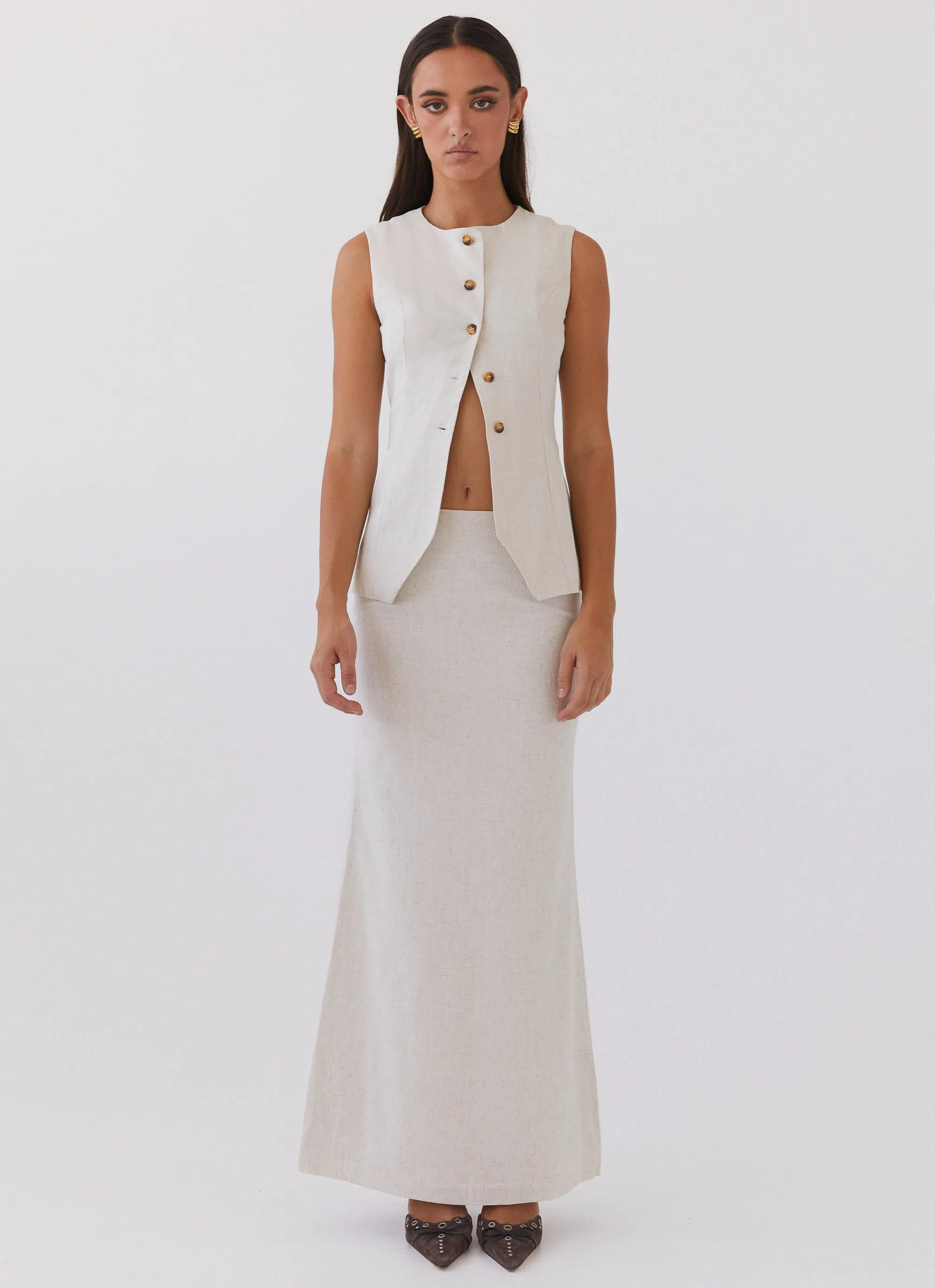 Born For Bordeaux Linen Midi Skirt - Oatmeal MachineWashableFabric Relaxed Vibe