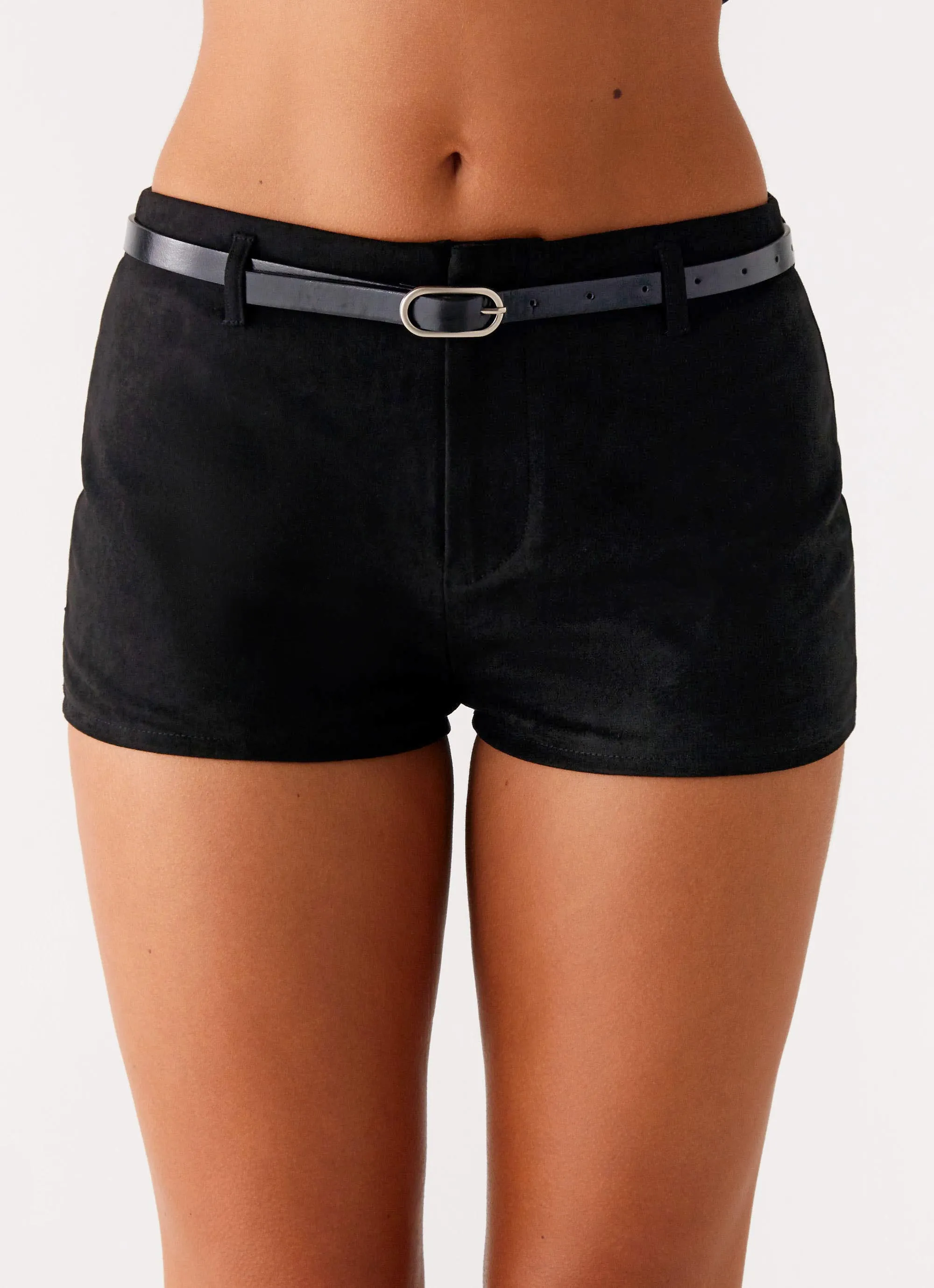 Double Layered Hem Athletic Fit Katie Suede Mini Shorts - Black