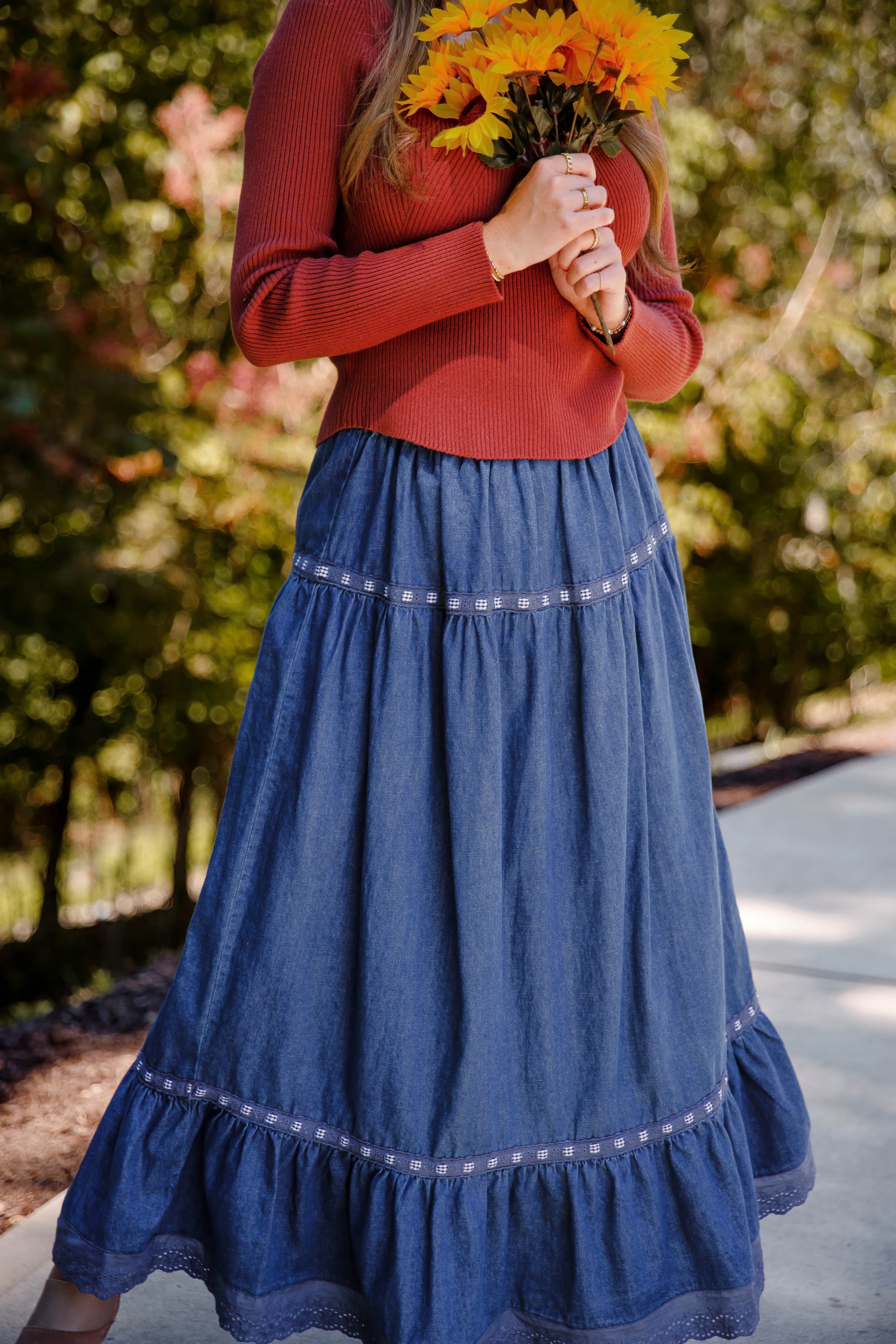 Just A Dream Denim Maxi Skirt Flexible Fit