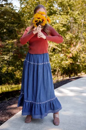 Comfort Stretch Just A Dream Denim Maxi Skirt Lightweight insulation Layered Panel Design Just A Dream Denim Maxi Skirt