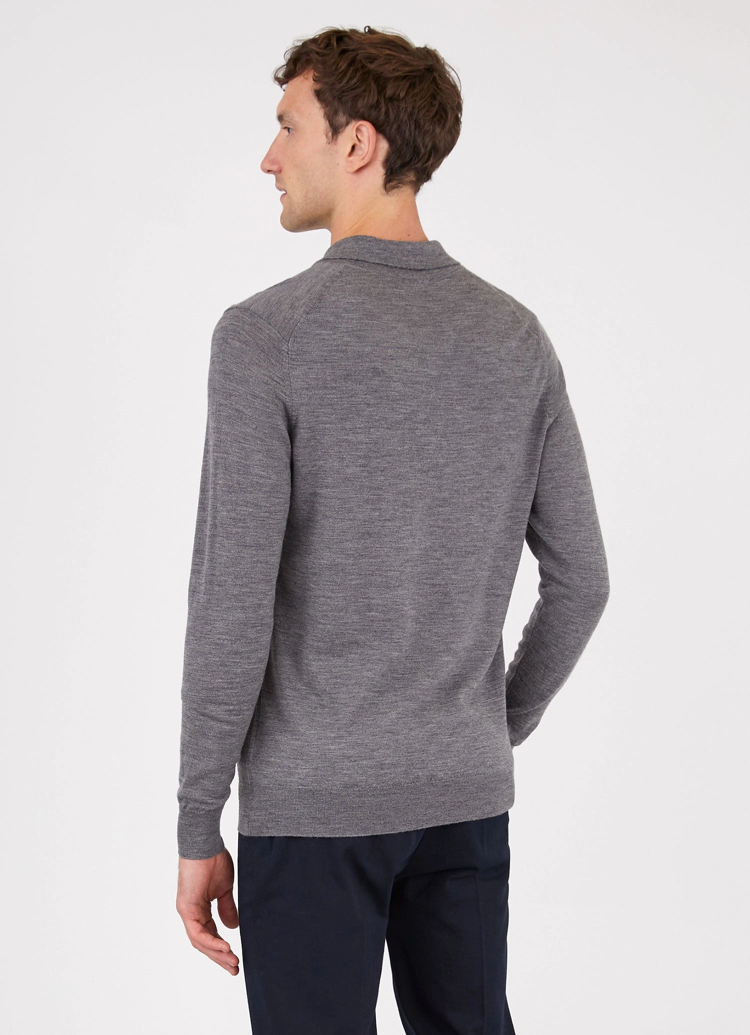 Men's Extra-Fine Merino Polo Shirt in Mid Grey Melange Smooth Flatlock Seams