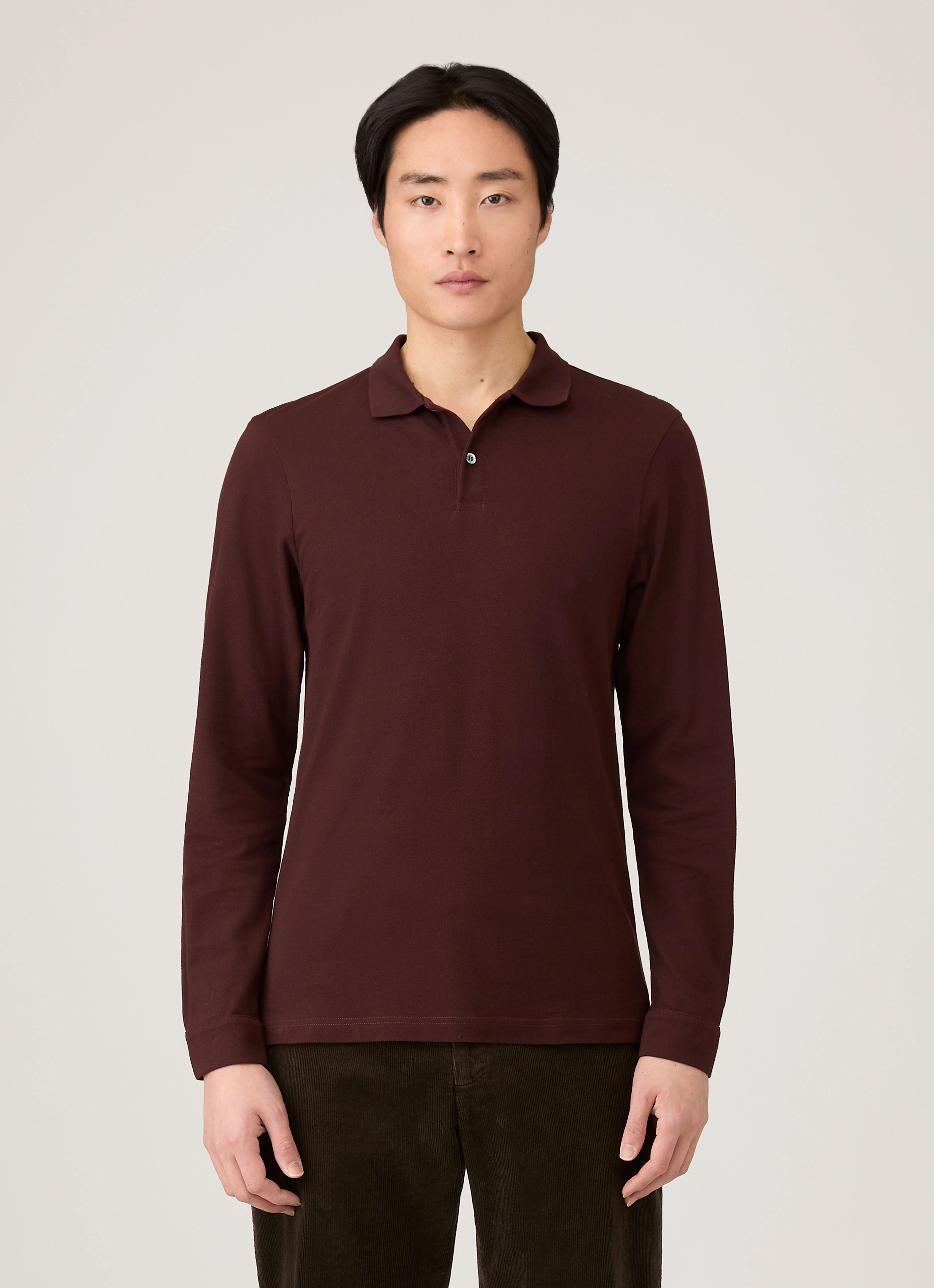 Garment Washed Finish Comfortable fit Men's Long Sleeve Piqu?? Polo Shirt in Bakelite