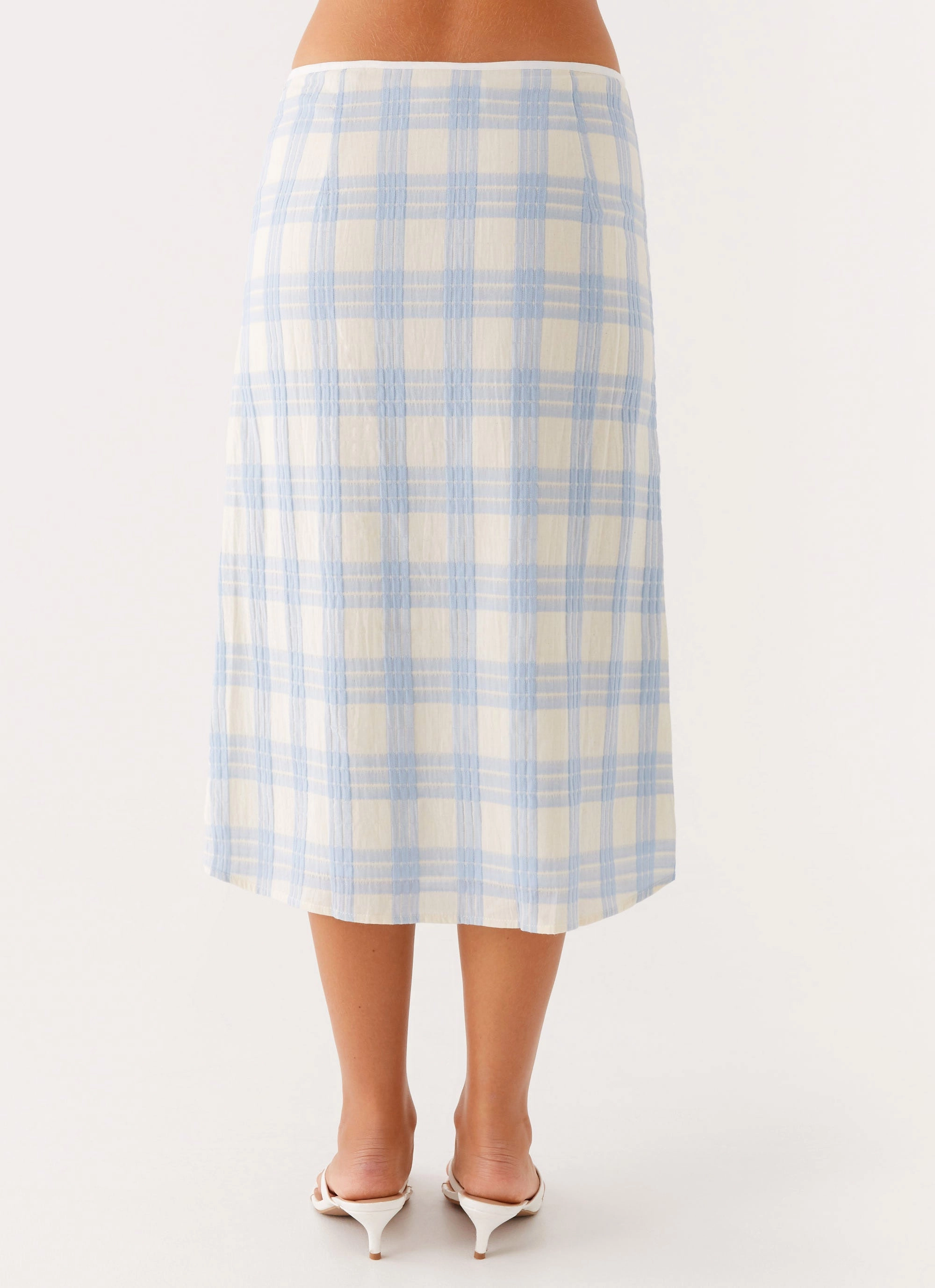 Esther Midi Skirt - Blue Check Seersucker Cropped hem