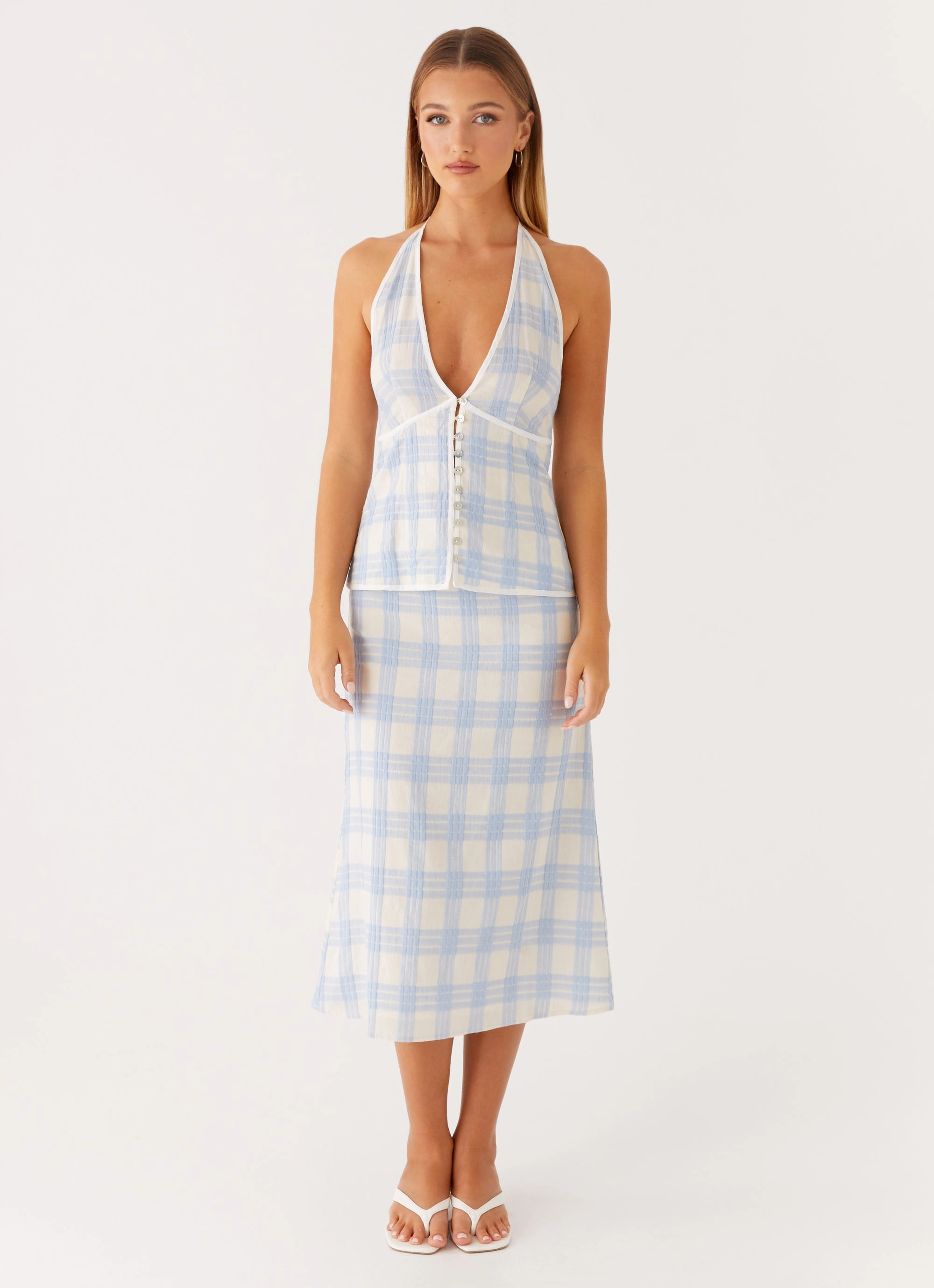 Esther Midi Skirt - Blue Check Seersucker Smart Stretch