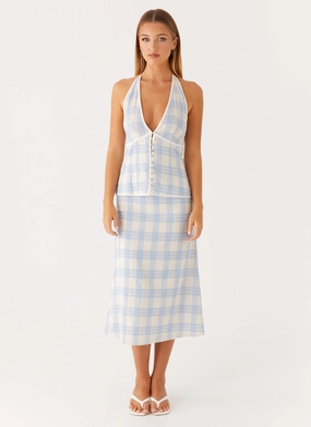 Esther Midi Skirt - Blue Check Seersucker Smart Stretch