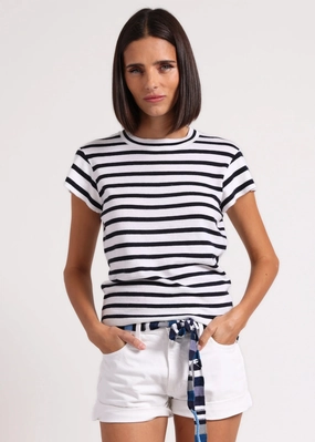 Comfort Piece Minnie Rose Supima Cotton Cashmere Striped Cap Sleeve Crew Minnie Rose Supima Cotton Cashmere Striped Cap Sleeve Crew Thermal Insulation Technology Reinforced Shoulder Design