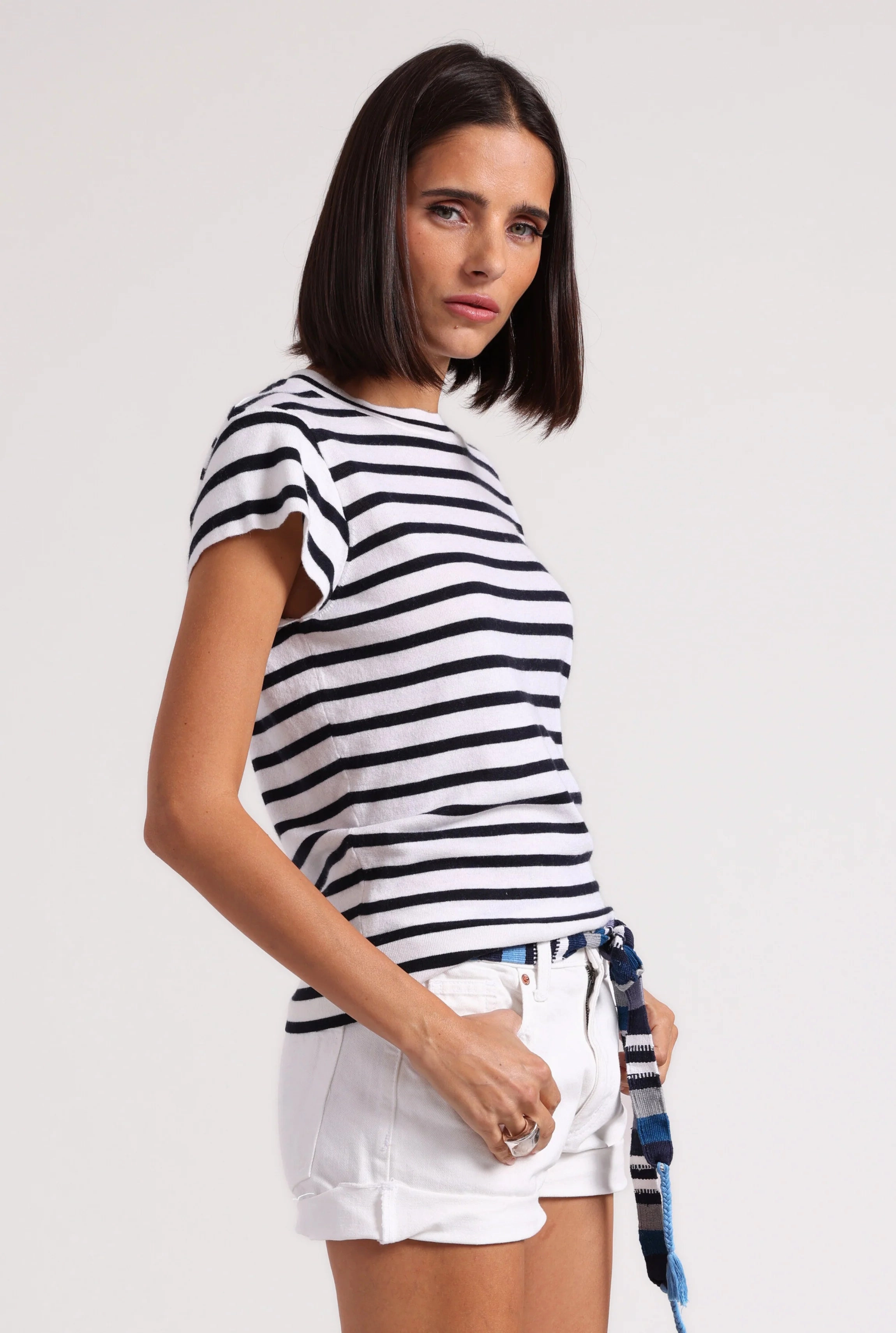 Minnie Rose Supima Cotton Cashmere Striped Cap Sleeve Crew Cozy Fit