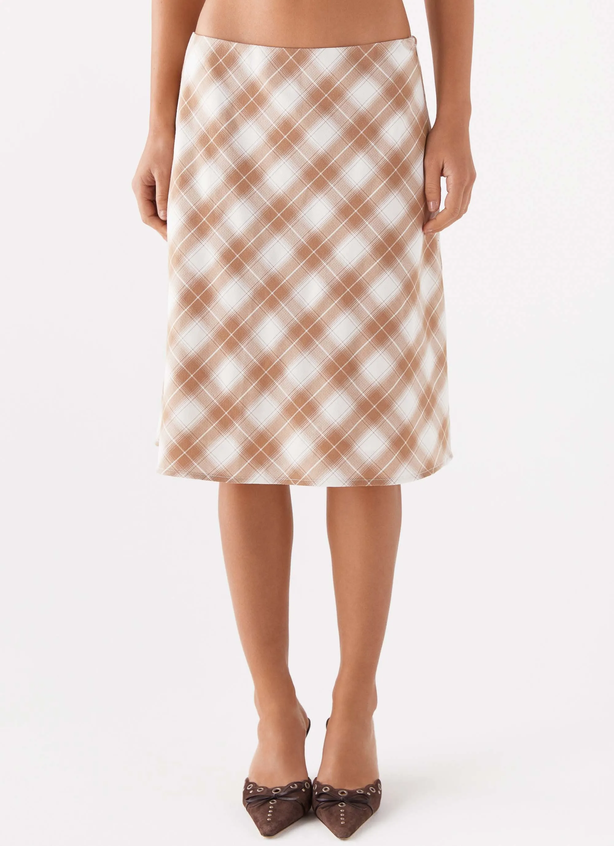 Perfect Length Minimal Bulk Andie Midi Skirt - Brown/White Plaid