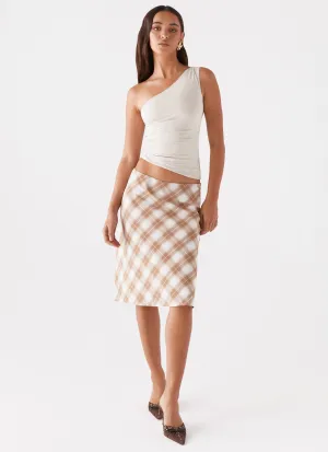 Comfortable Fabric Andie Midi Skirt - Brown/White Plaid Non Irritating Seams Core Comfort Andie Midi Skirt - Brown/White Plaid