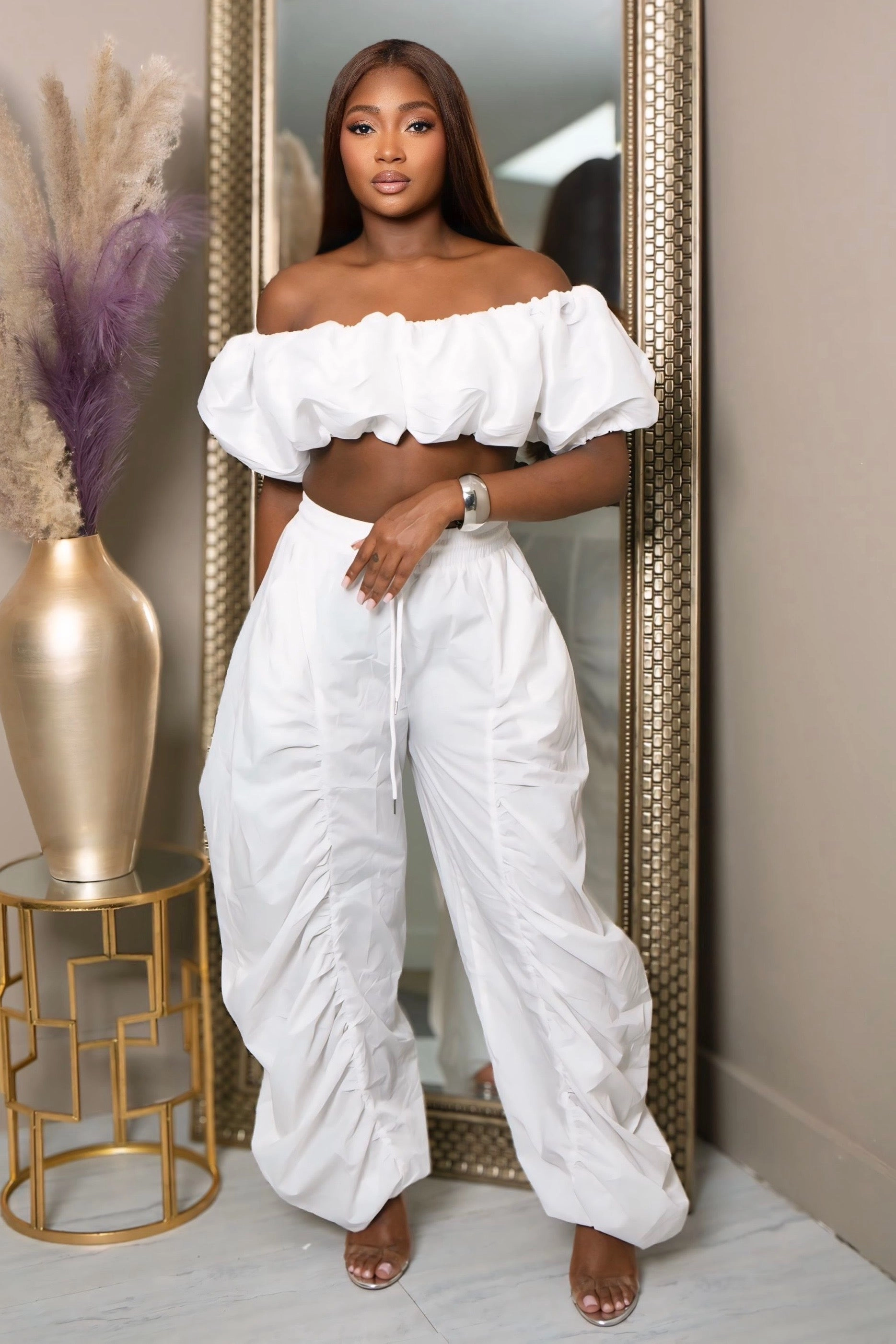 Mid Rise Lacy Ruched Perfection Pants ?C White