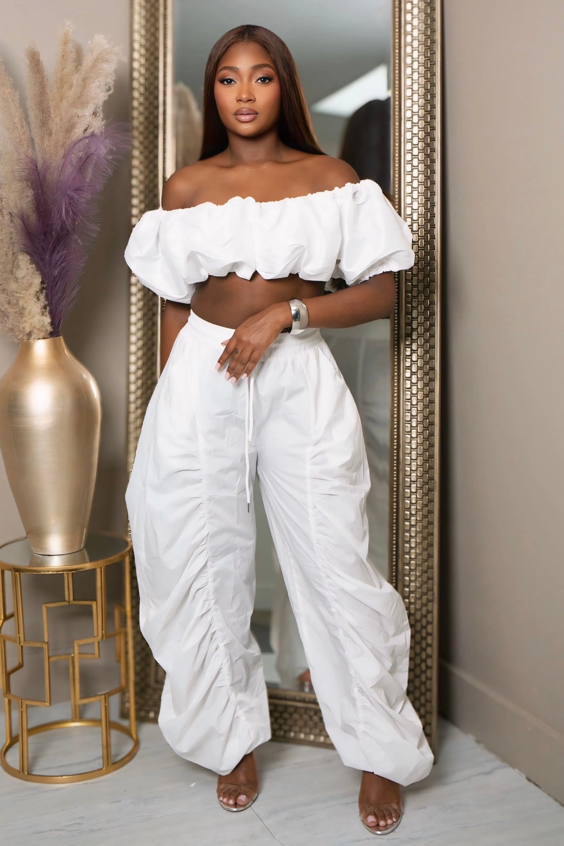 ArticulatedJoints Soft Texture Lacy Ruched Perfection Pants ?C White