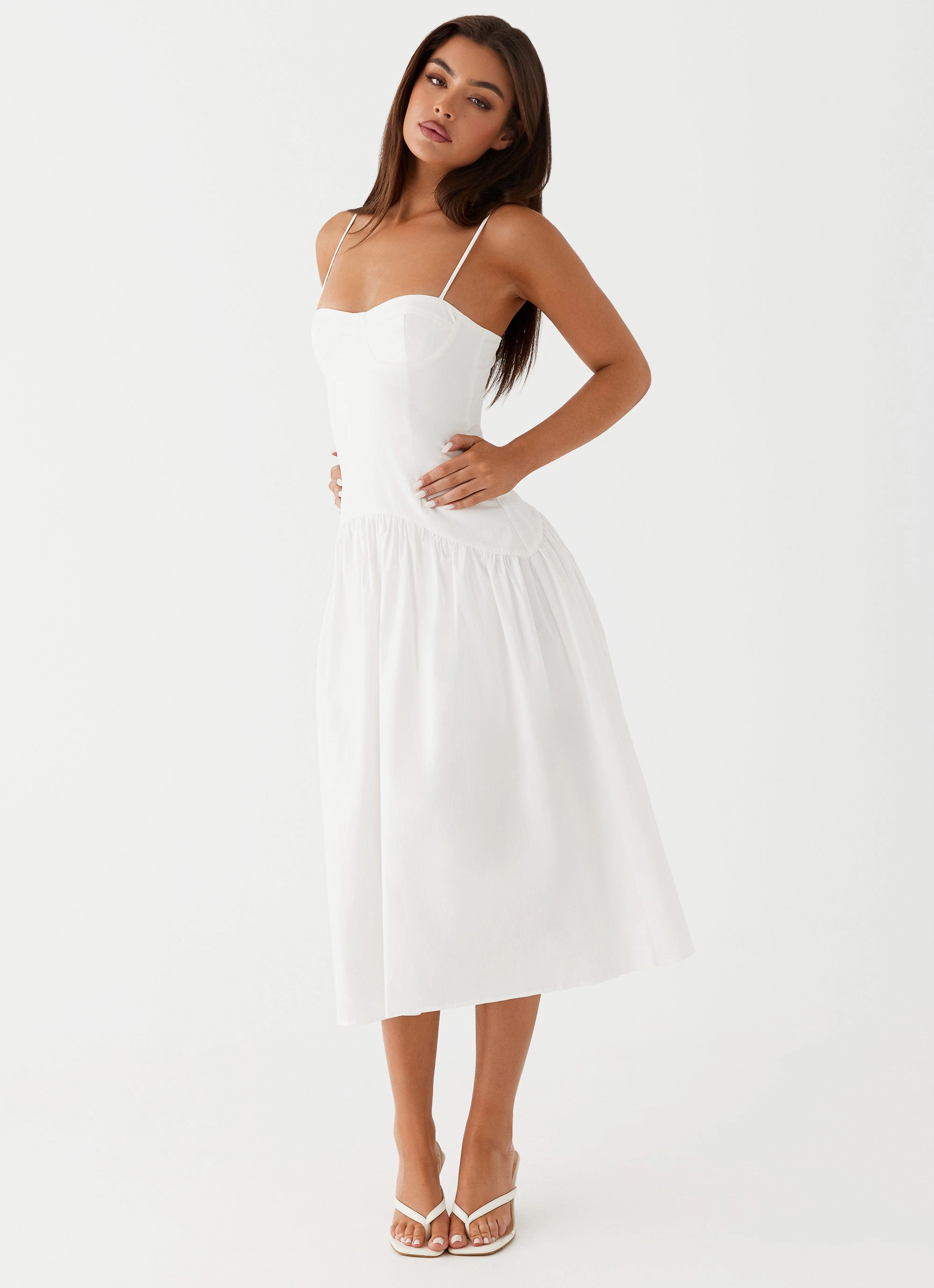 Bishop-Sleeve Yvette Corset Midi Dress - White