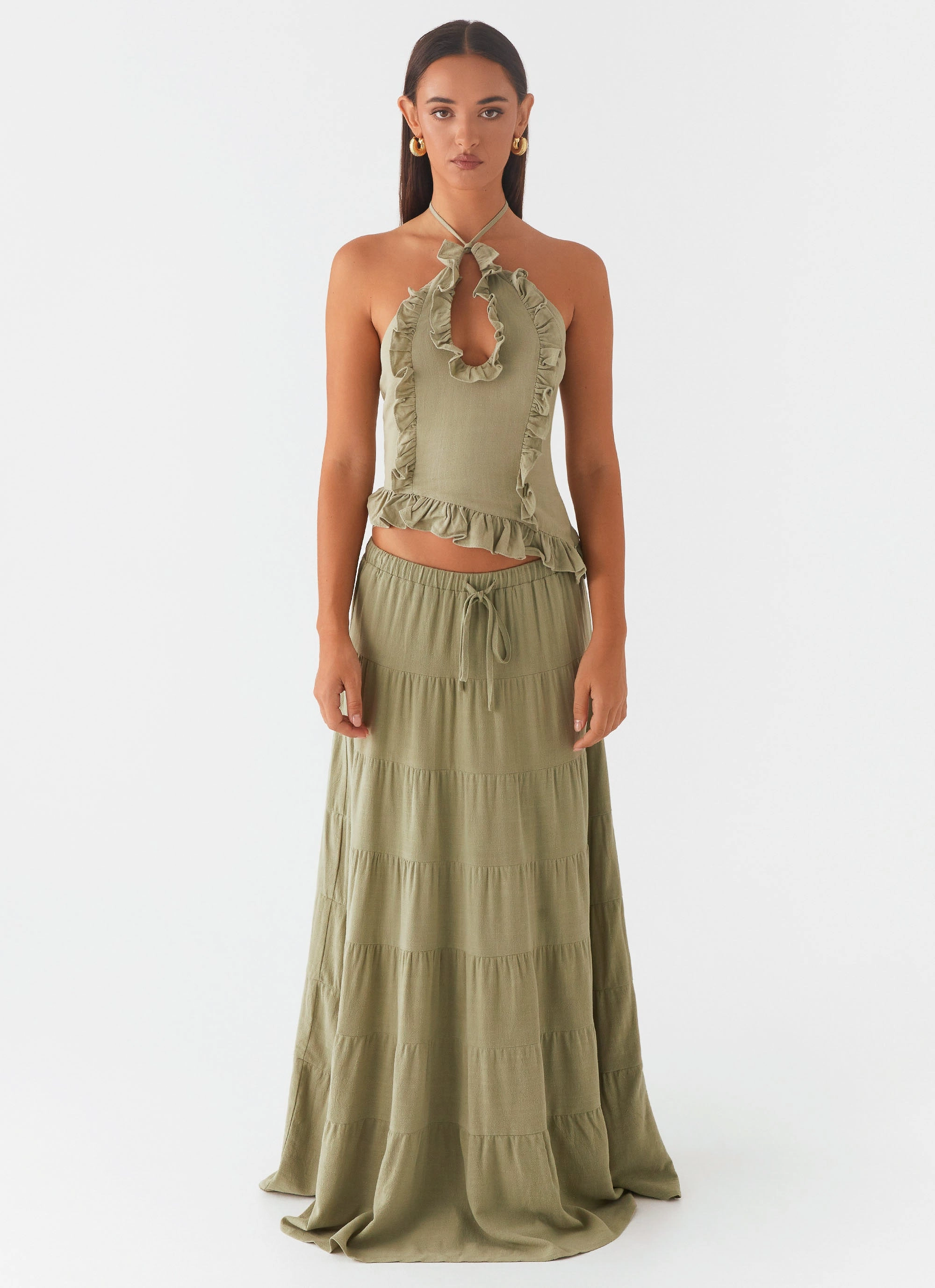 Mariella Linen Maxi Skirt - Sage Built In Lining