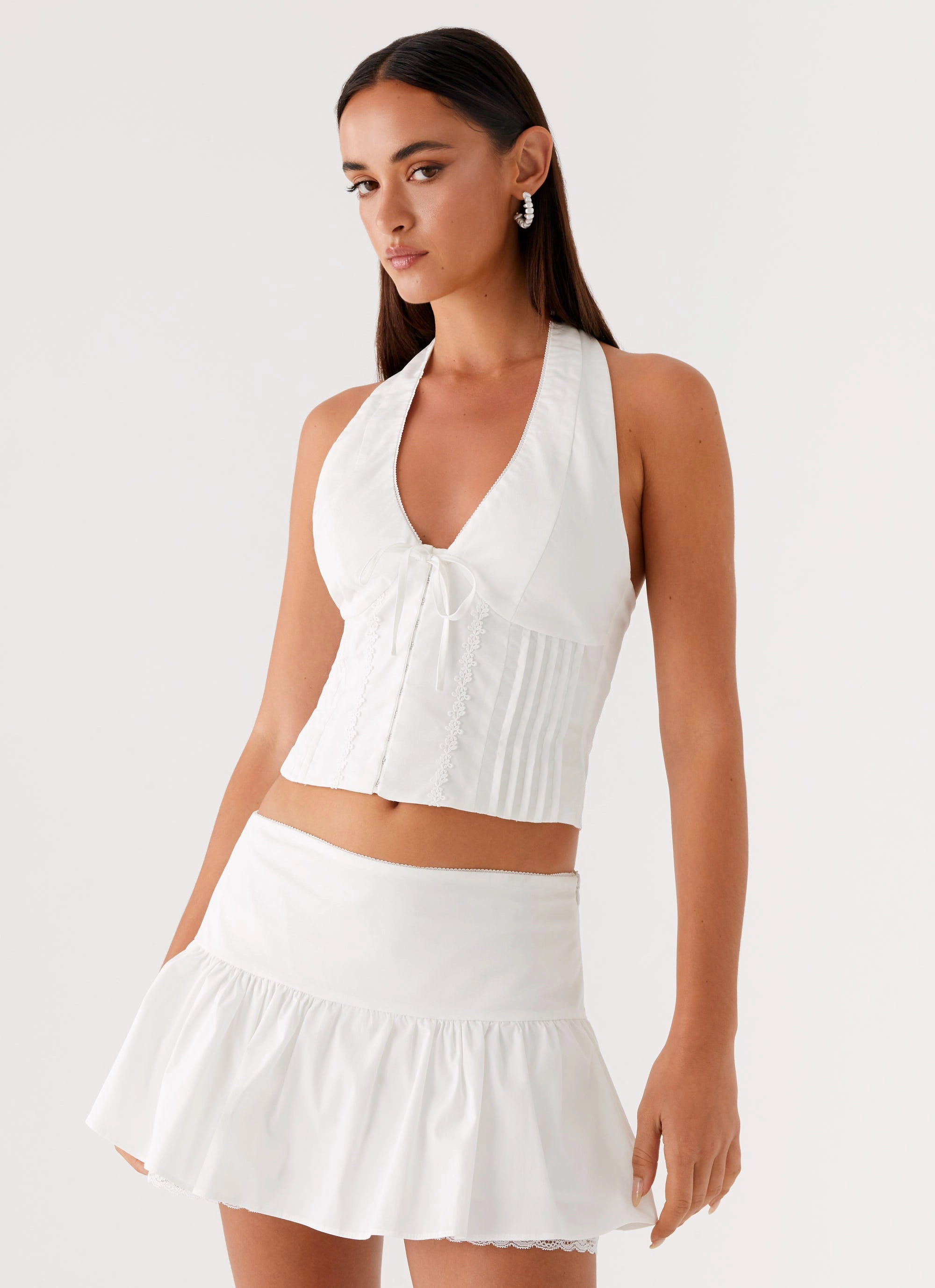 Mavis Halter Top - White Elasticated Trim Double Needle Stitching