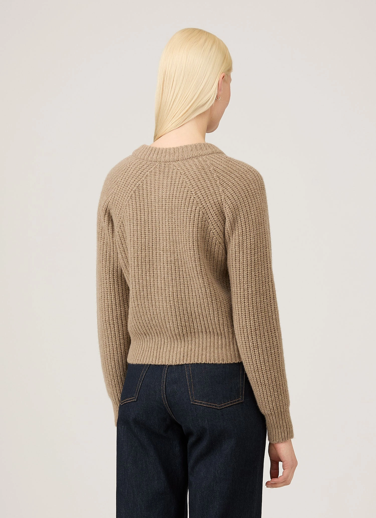 Women's Ribbed Crew Neck Cardigan in Mink Relaxed Warmth