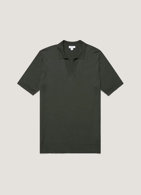 Men's Fine Rib Silk Cotton Polo Shirt in Dusk Green Luxe Apparel Performance Comfort