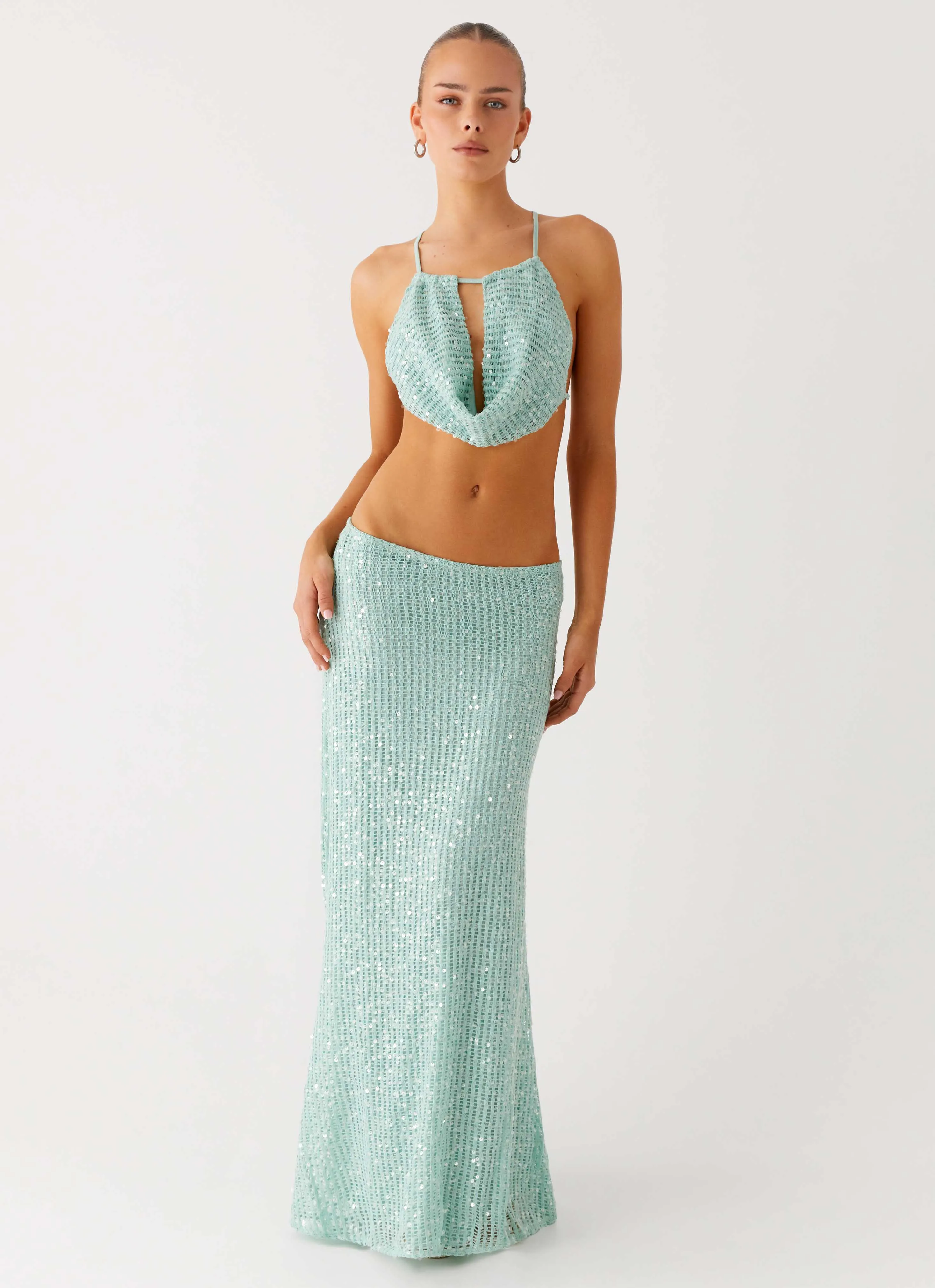 Dressy look Secure Closures Amoura Sequin Low Rise Maxi Skirt - Mint Sage