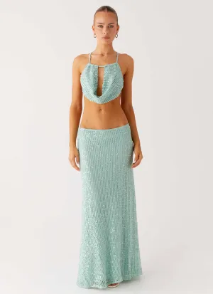 Comfy Design Amoura Sequin Low Rise Maxi Skirt - Mint Sage Ultra Stretch Amoura Sequin Low Rise Maxi Skirt - Mint Sage