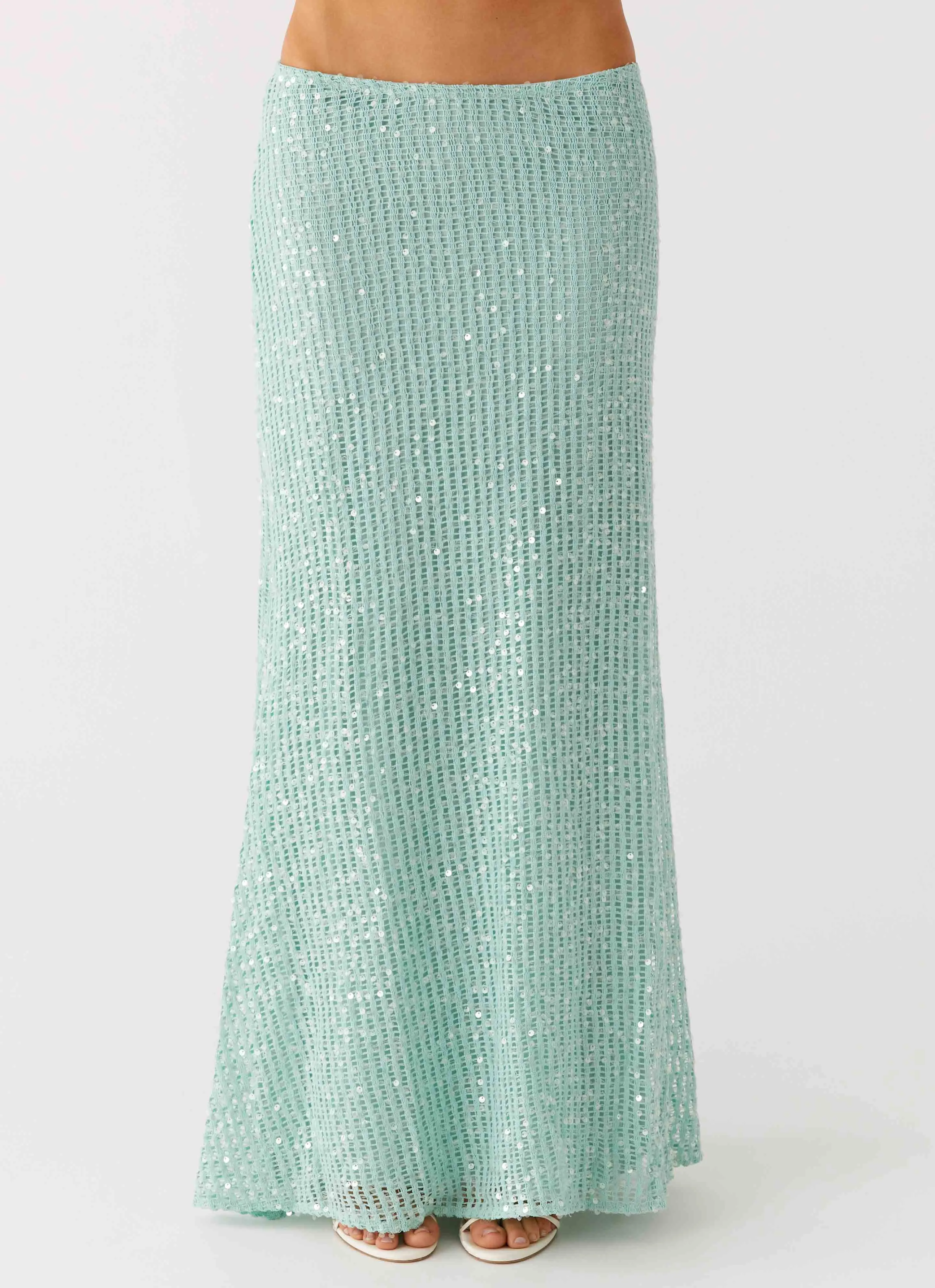 Amoura Sequin Low Rise Maxi Skirt - Mint Sage Warm Fit AllDayCompression