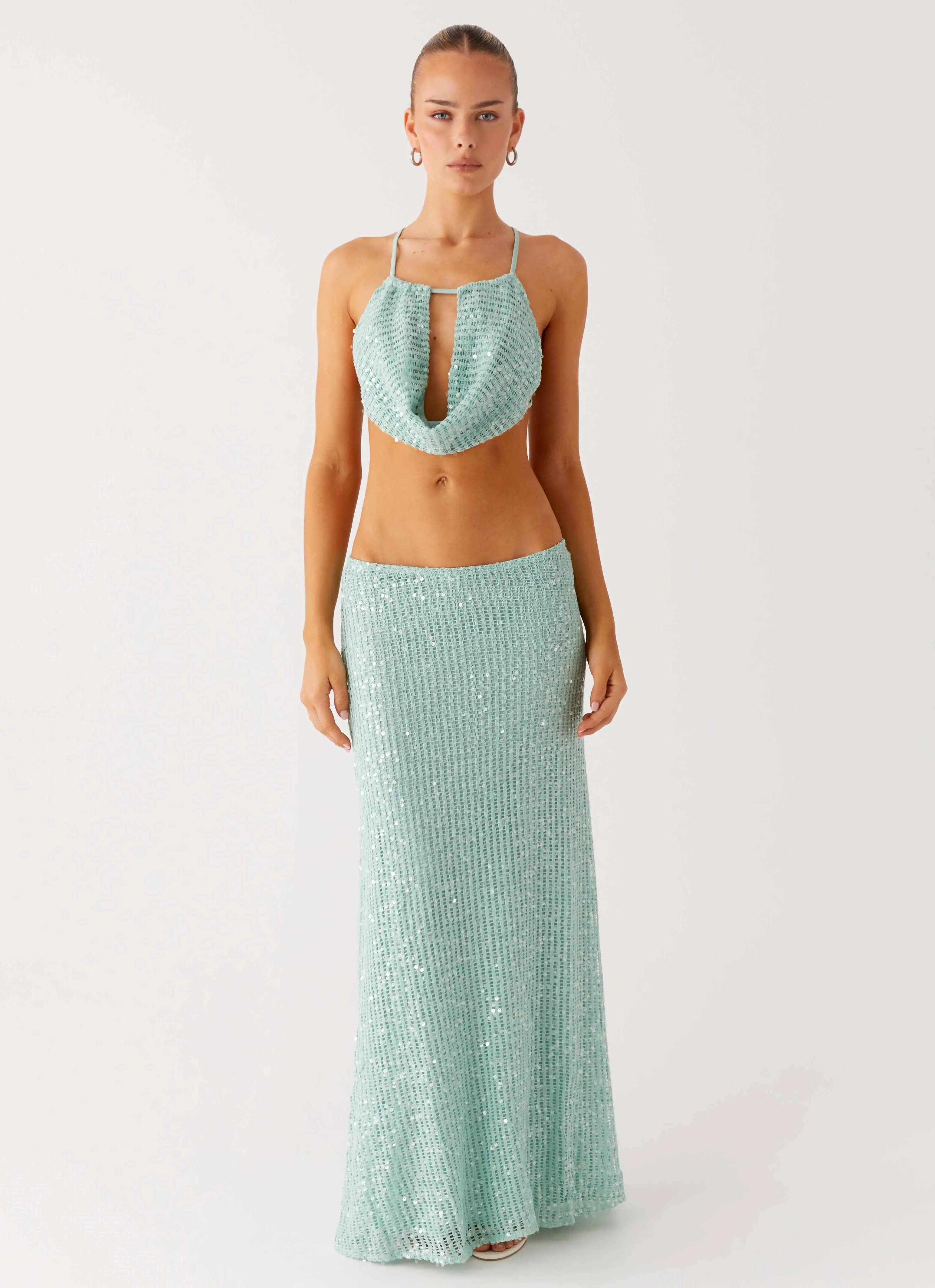 Ultra Stretch Amoura Sequin Low Rise Maxi Skirt - Mint Sage