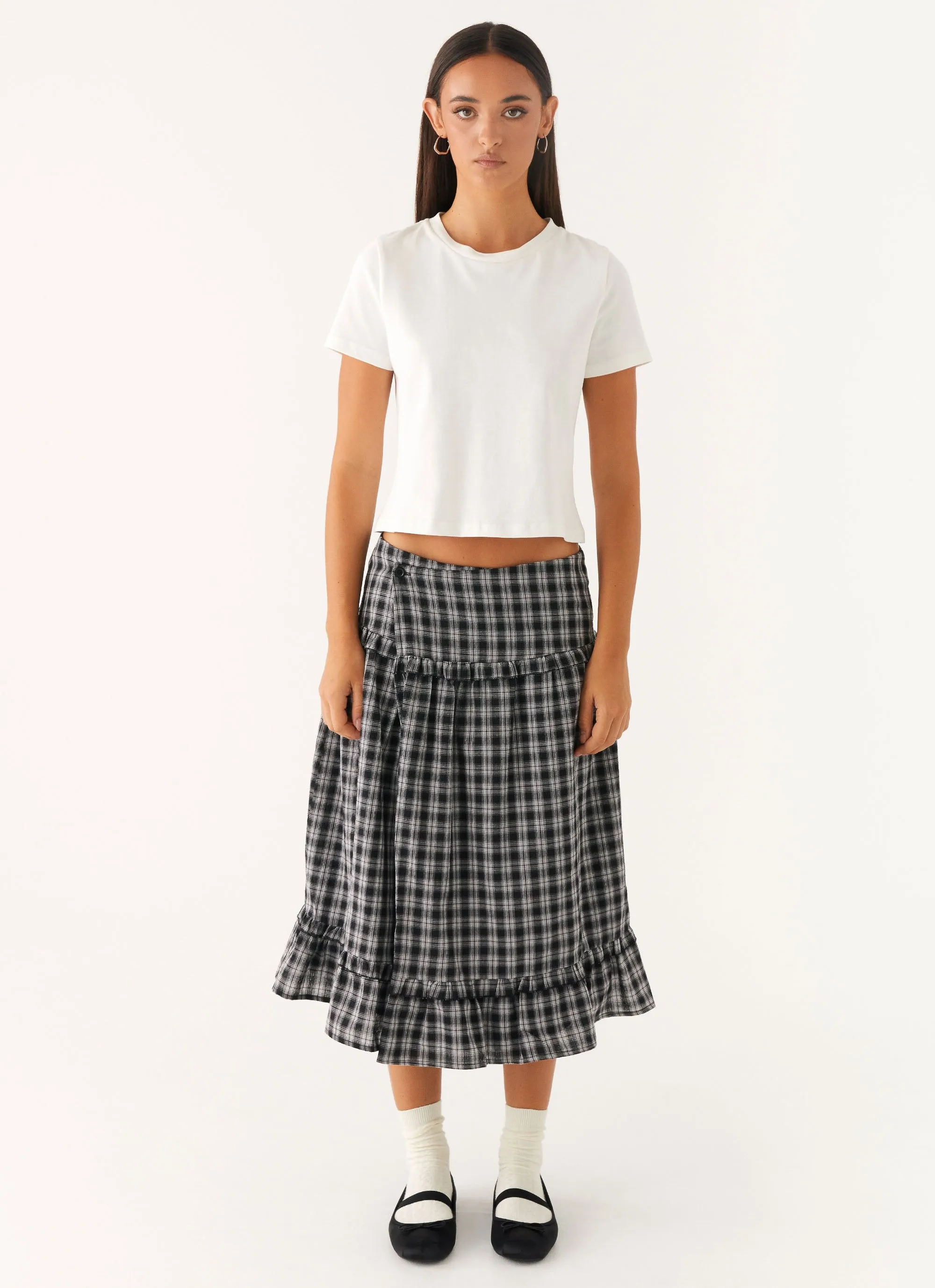 Laura Midi Skirt - White Black Check Zip-off legs