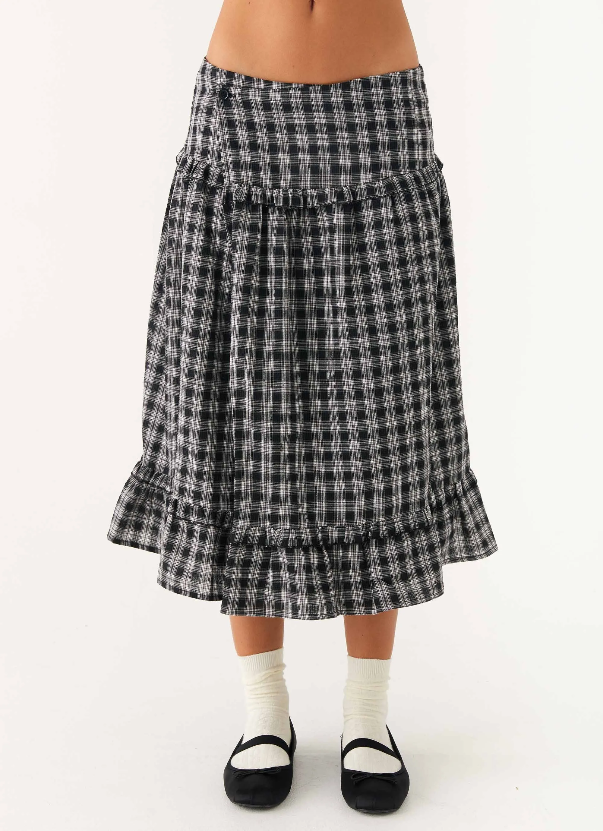 Laura Midi Skirt - White Black Check Comfort Waist FourWayStretch