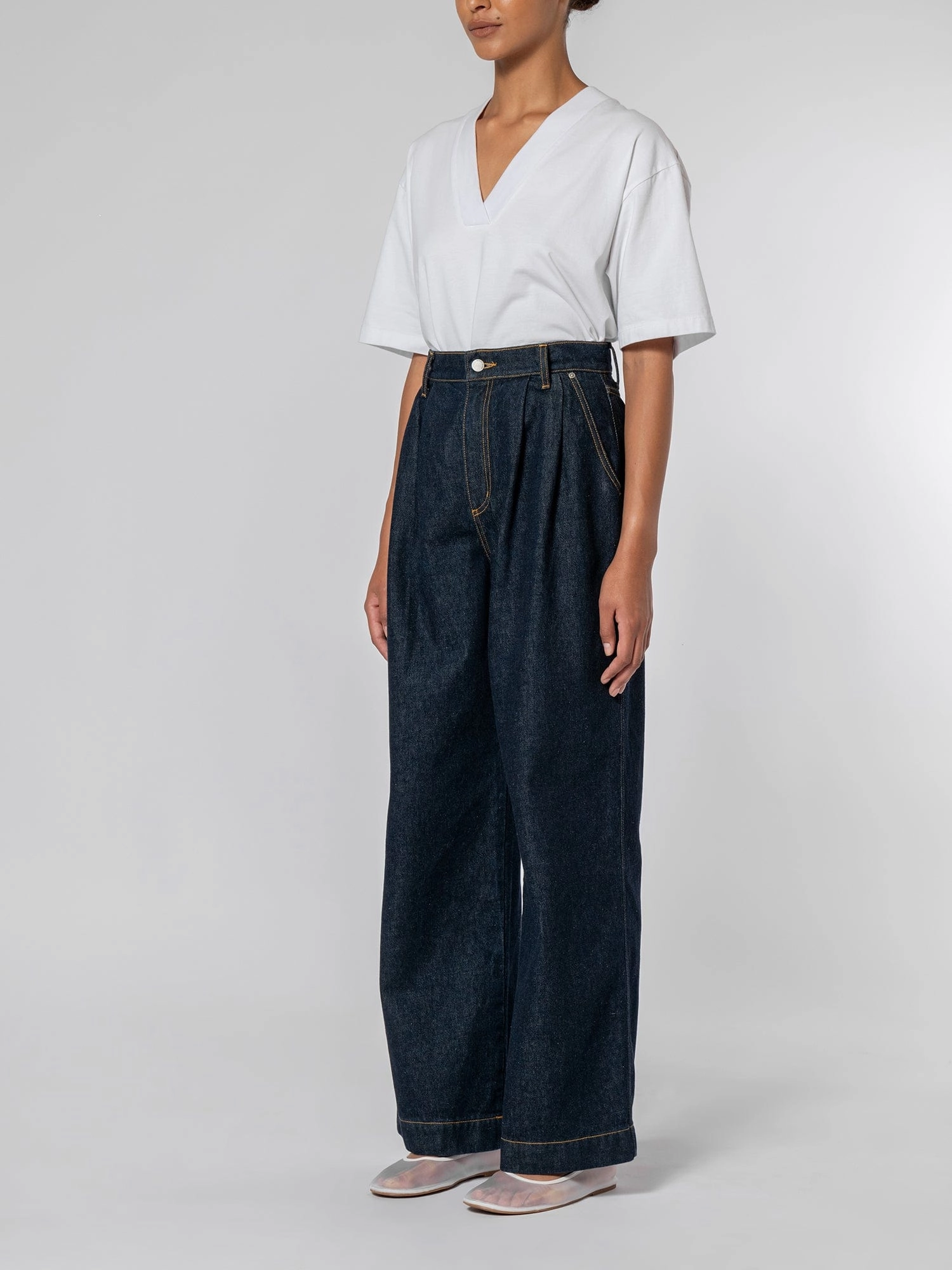 Shape Retention Casual Design Pleat Jean Pure Blue