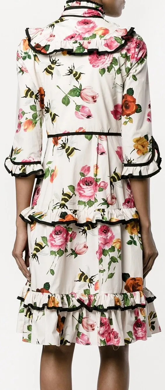 Contrast-Piping Floral Print Ruffle-Trimmed Dress
