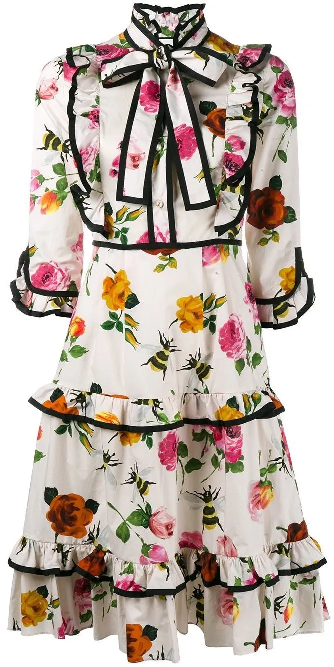 Contrast-Piping Floral Print Ruffle-Trimmed Dress